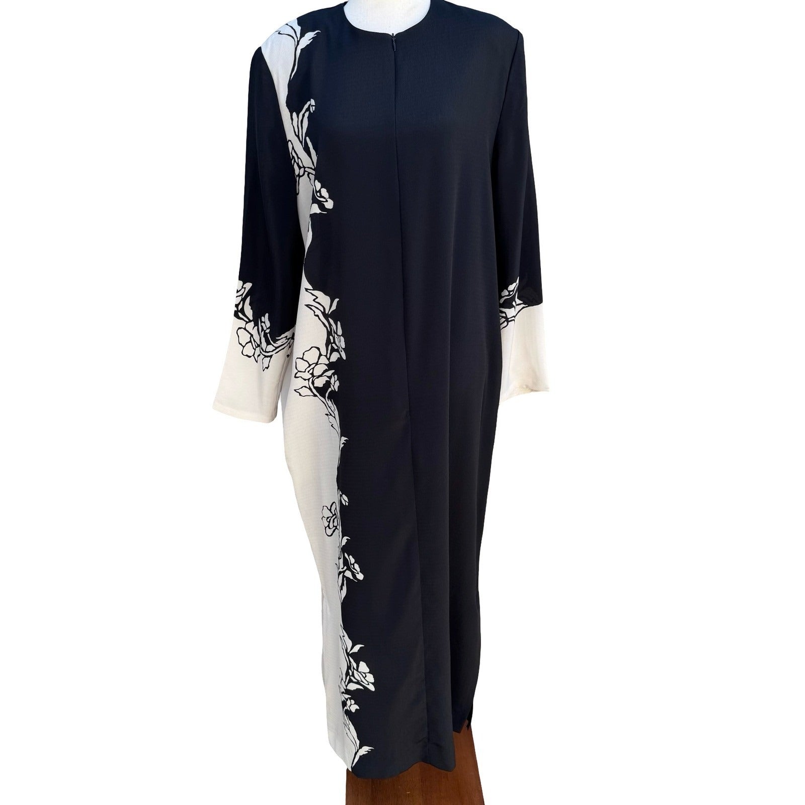 Raza New York Black White Floral Graphic Maxi Dress Duster Housecoat Crepe Sze M