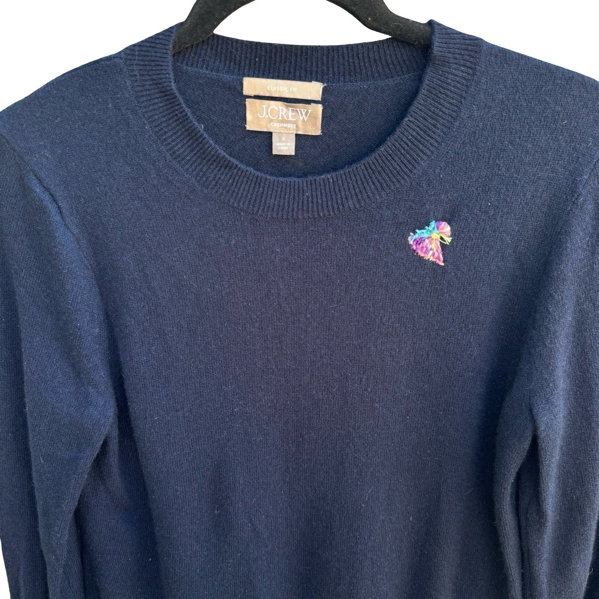 J Crew Cashmere Preppy Classic Fit Minimalist Sweater Embroidered Detail Navy S