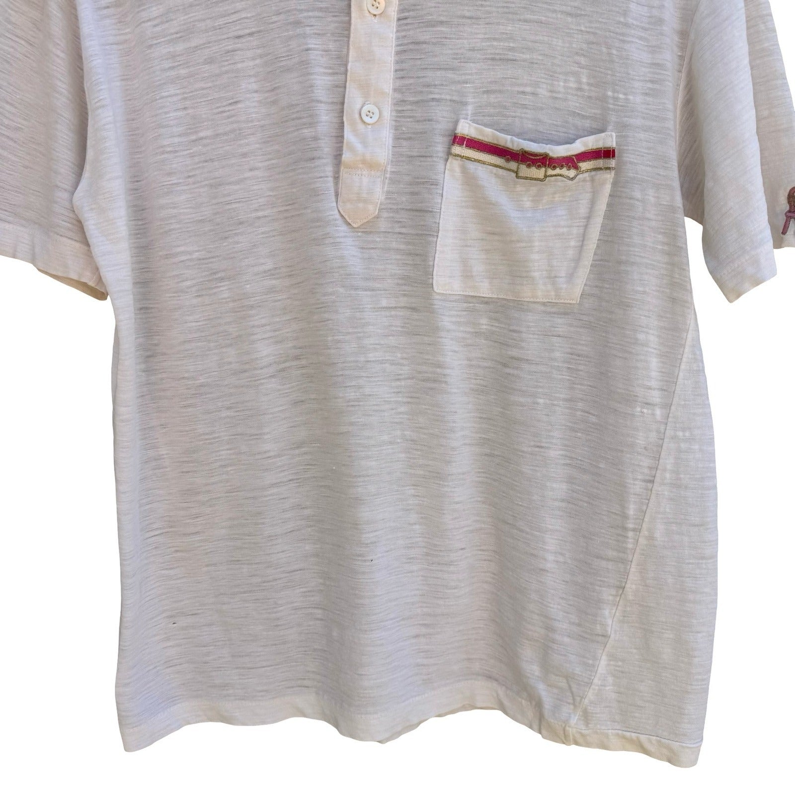 Richard Vintage 80s White Slub Knit Polo Shirt Preppy Embroidered Tennis Mens M