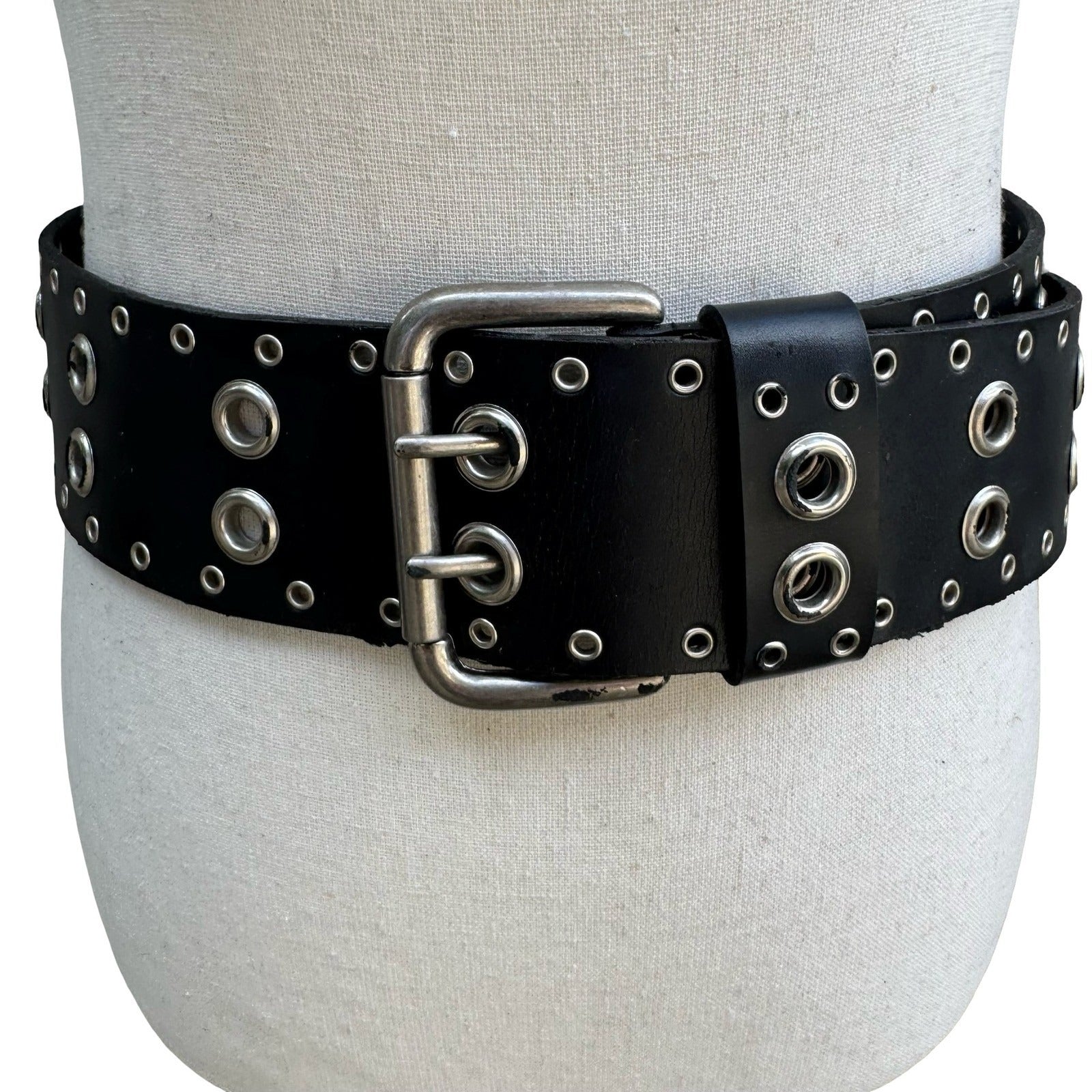 Punk Goth Alt Black Faux Leather Wide Grommet Belt Double Prong Silver Buckle