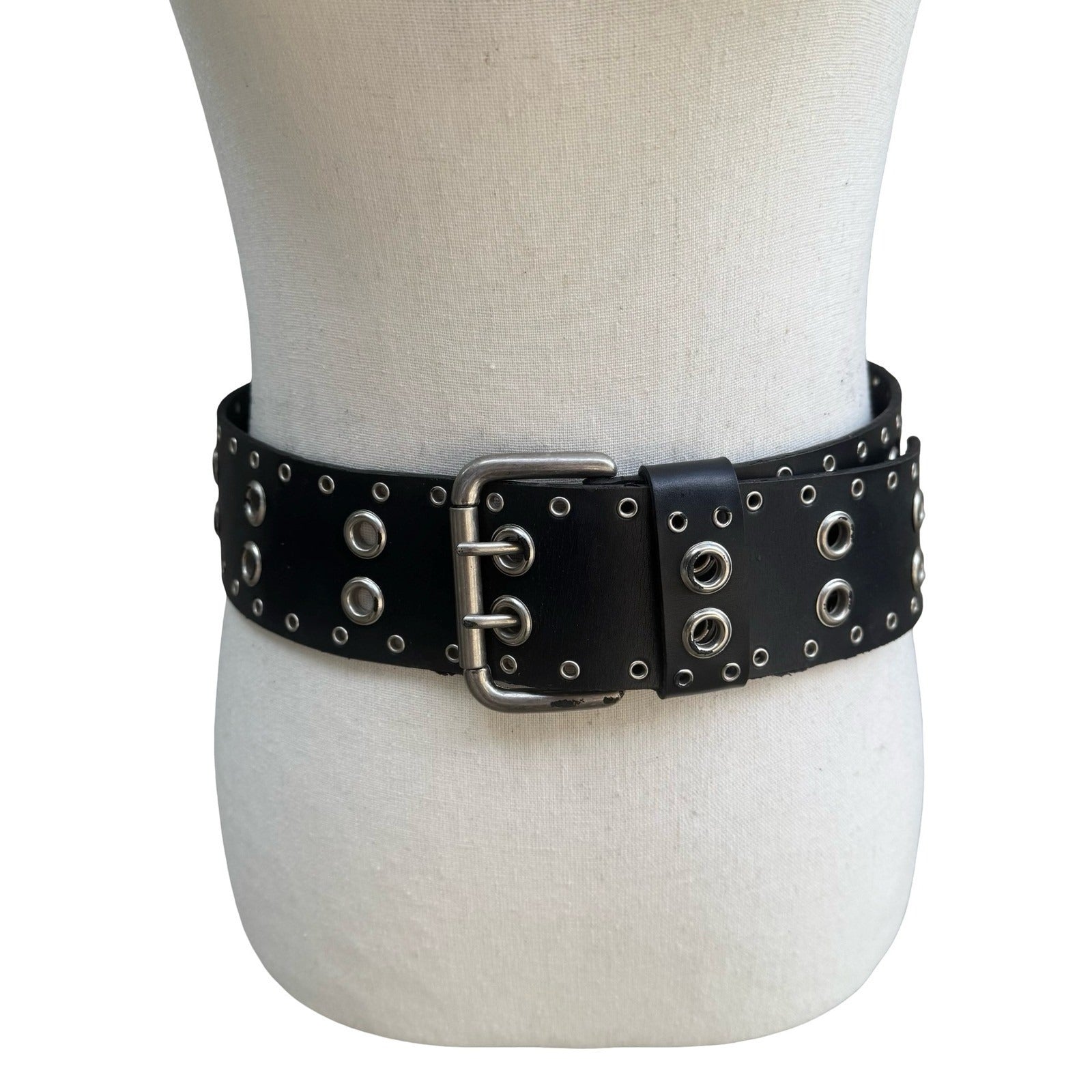 Punk Goth Alt Black Faux Leather Wide Grommet Belt Double Prong Silver Buckle
