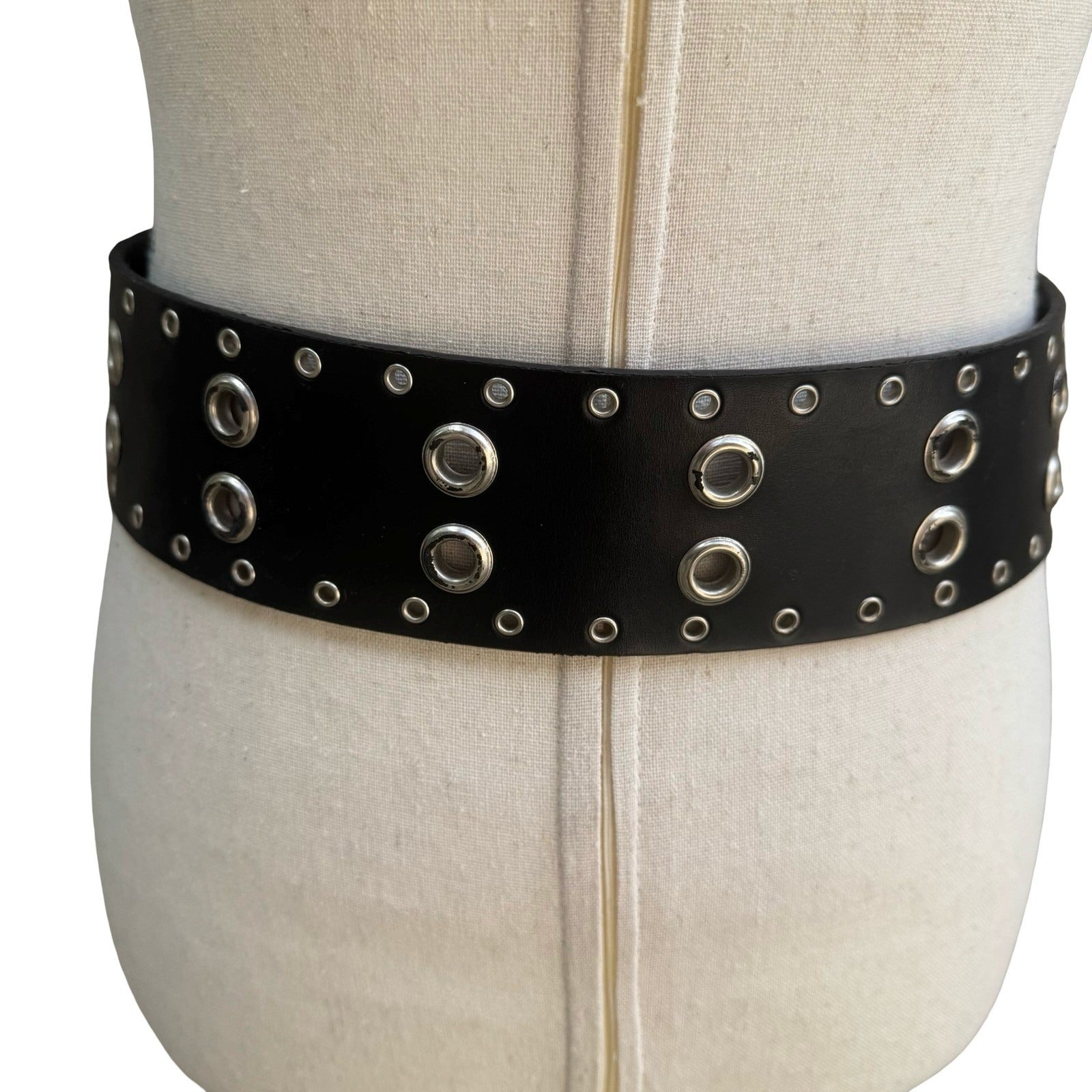 Punk Goth Alt Black Faux Leather Wide Grommet Belt Double Prong Silver Buckle