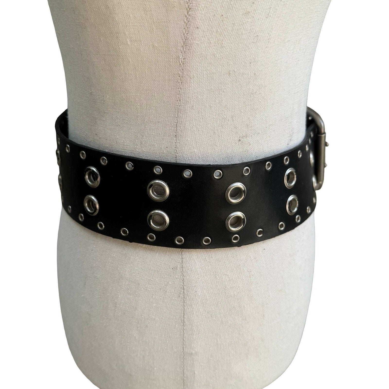 Punk Goth Alt Black Faux Leather Wide Grommet Belt Double Prong Silver Buckle