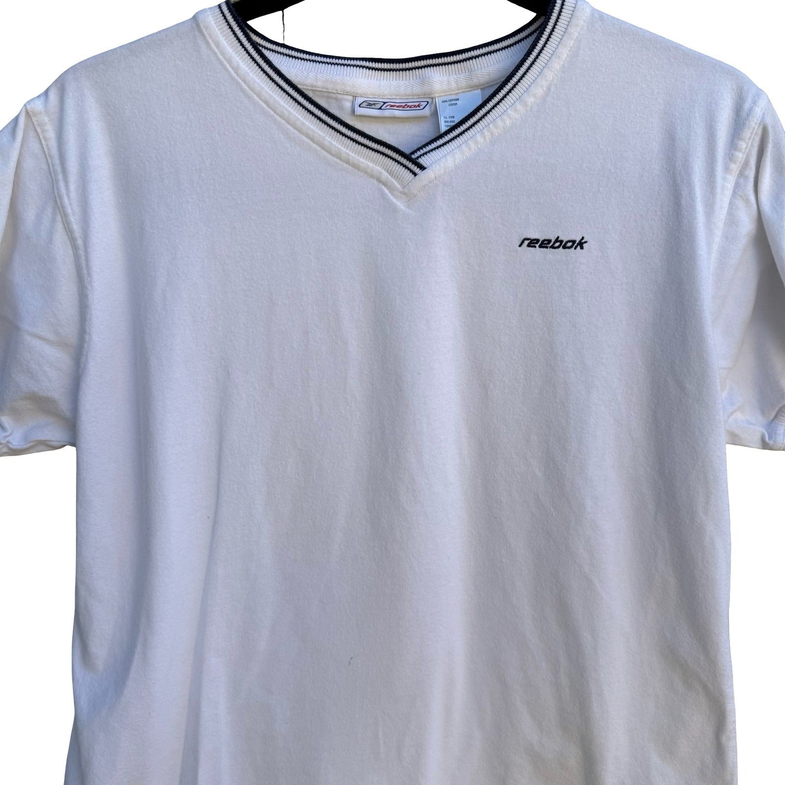 Reebok Vintage Y2K Sporty Athletic Preppy V-Neck Shirt Striped Trim White Mens L