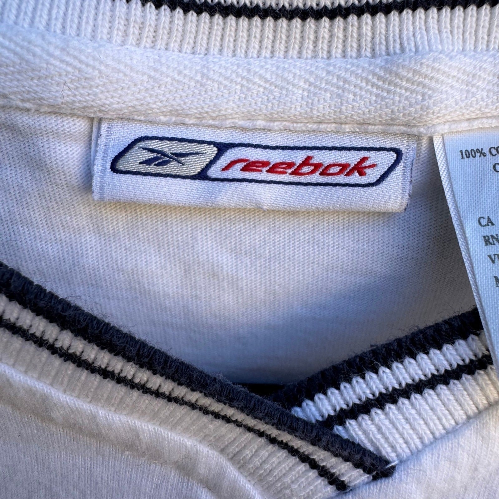 Reebok Vintage Y2K Sporty Athletic Preppy V-Neck Shirt Striped Trim White Mens L