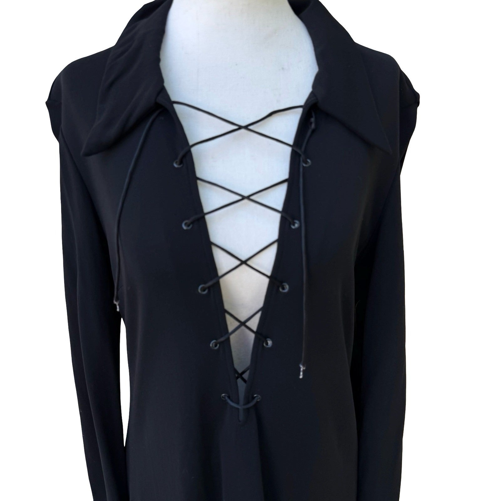 BCBG Max Azria Y2K Goth Whismigoth Black Lace Up Witchy Grunge Minimalist Shirt