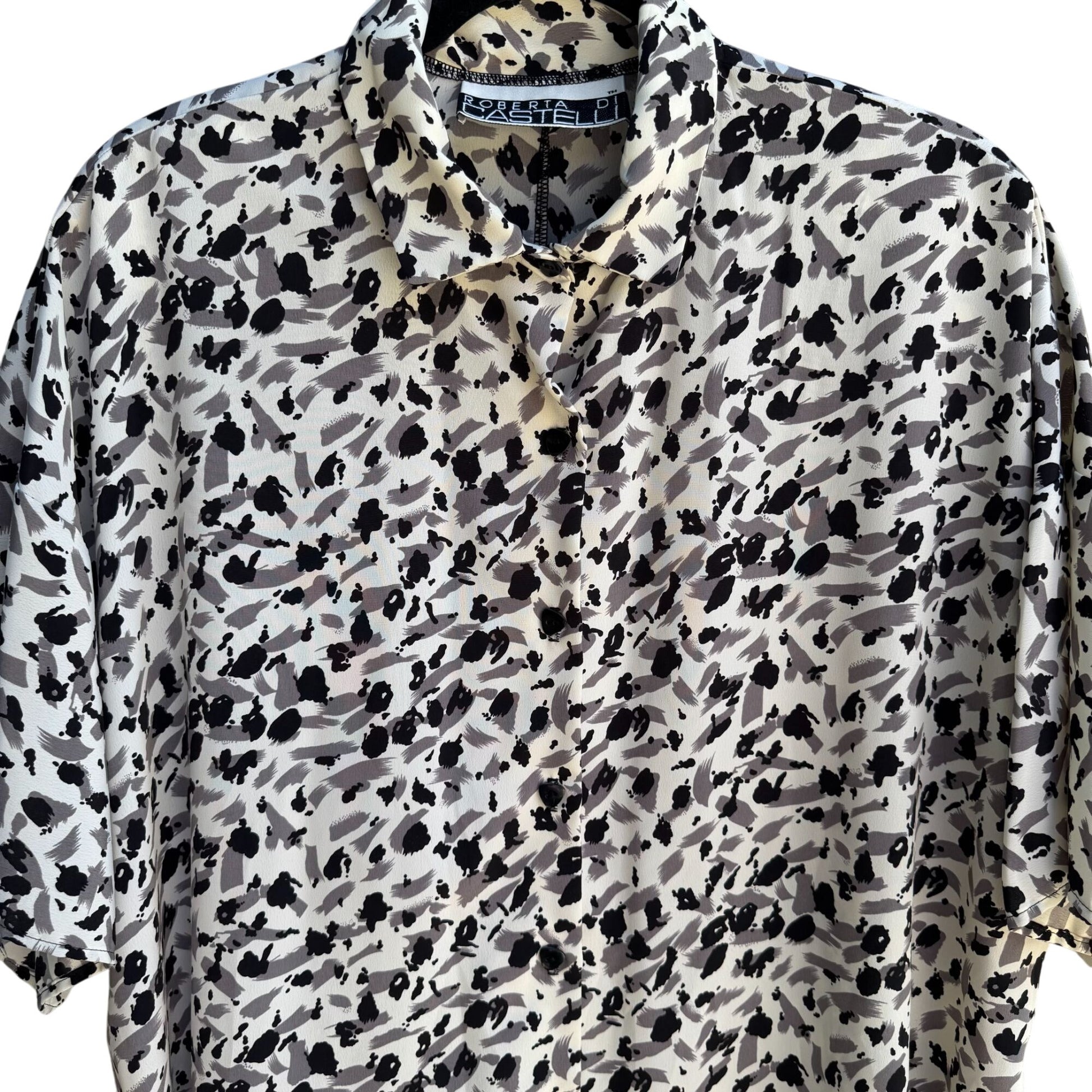 Roberta Di Castelli Vintage Womens Button-Up Black Gray Abstract Print Blouse 3X