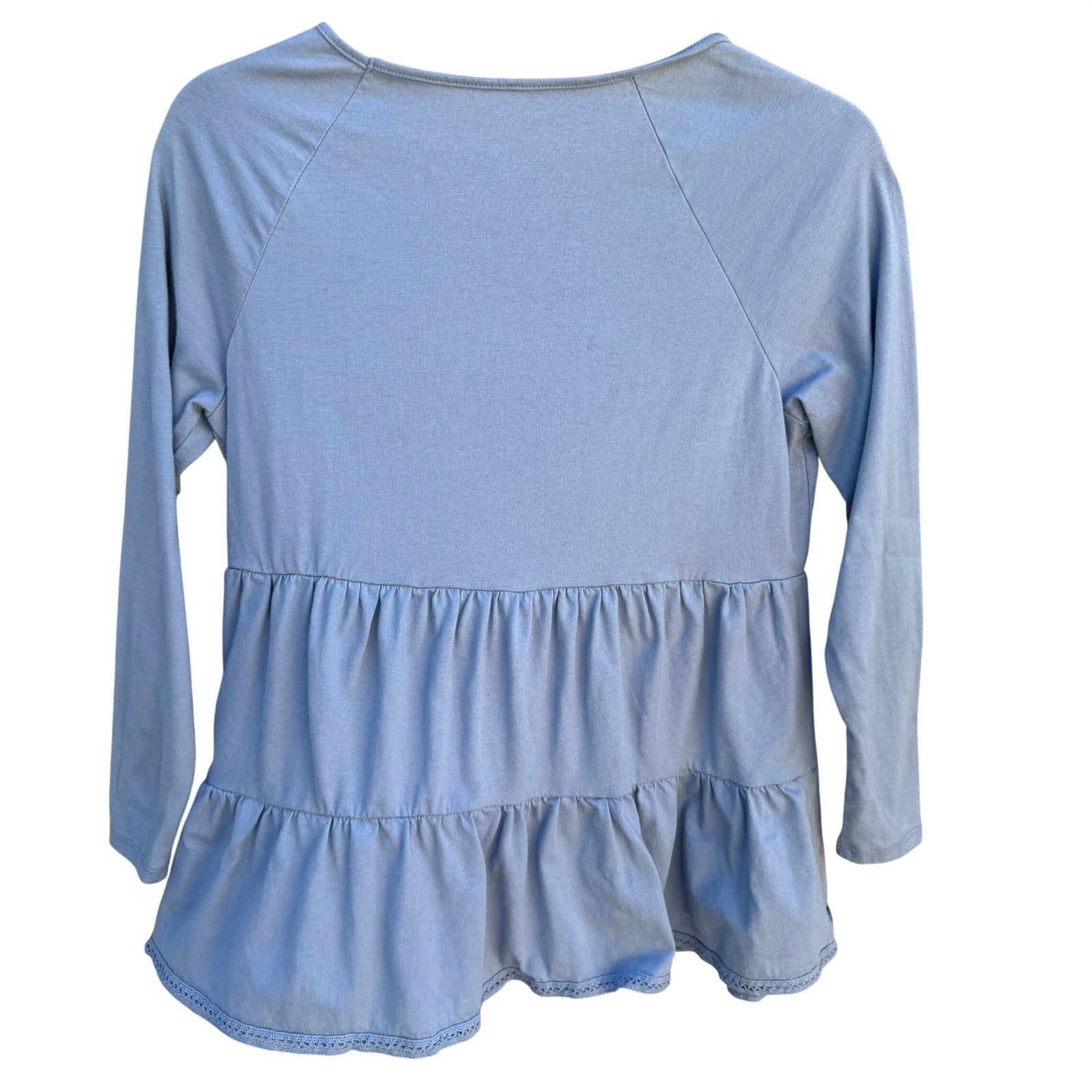 Diane Gilman DG2 Women XS Blue Cotton Lace Bib Tiered Peplum Long Sleeve Top