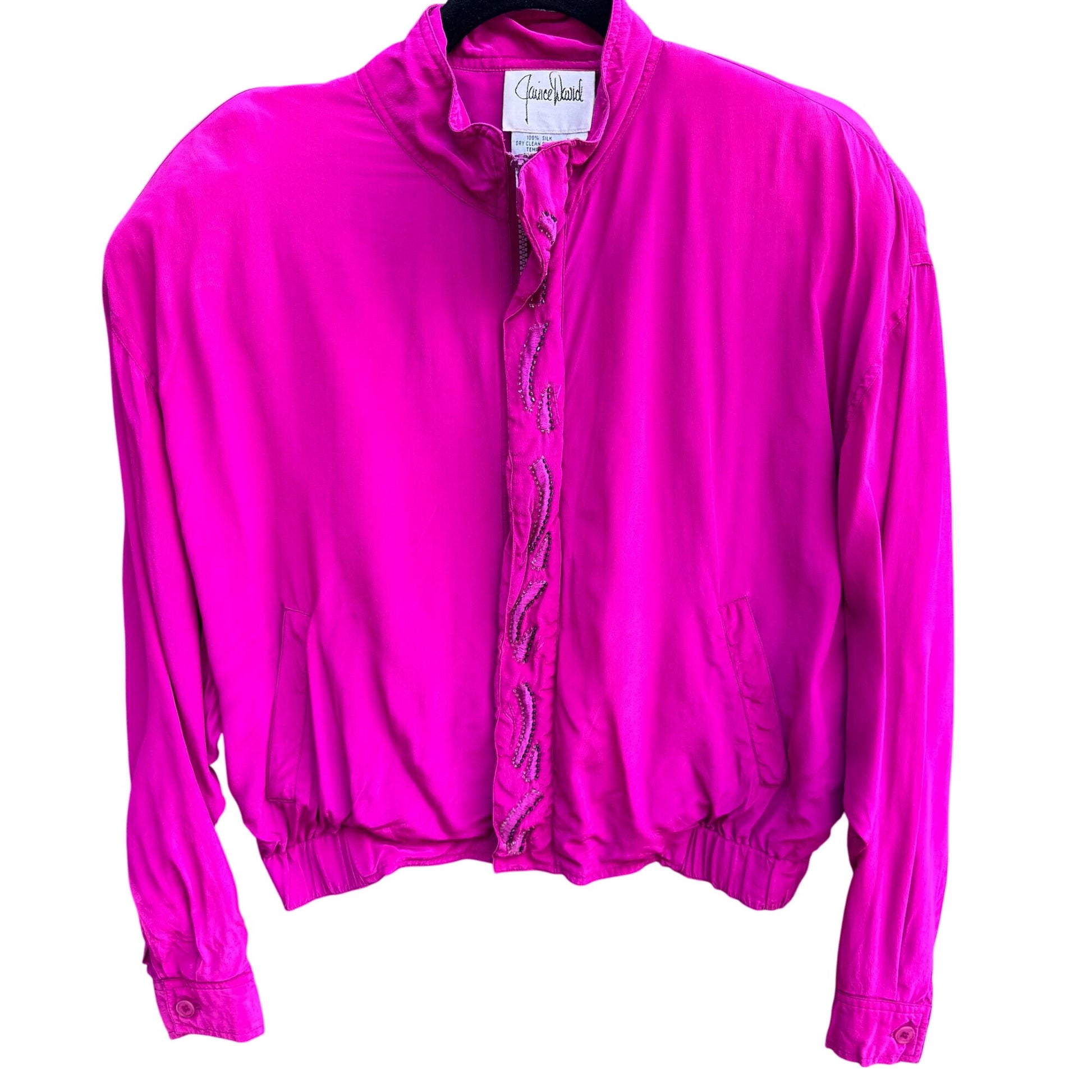 Janice David Vintage 80s PInk Silk Abstract Beaded Bomber Jacket Wearable Art S
