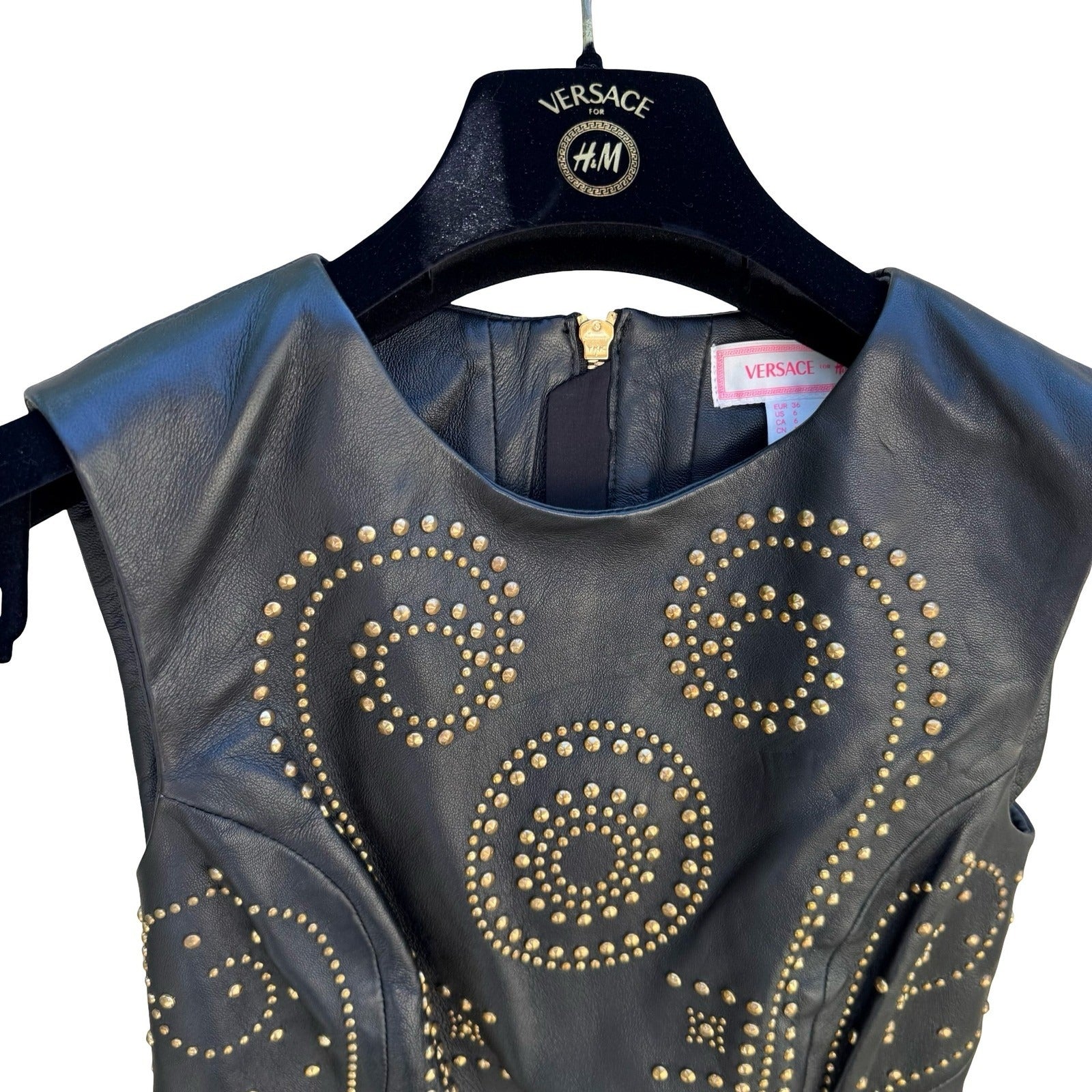 Versace for H&M Black Leather Studded Sleeveless Dress Gold Studs 6 2011 Collab