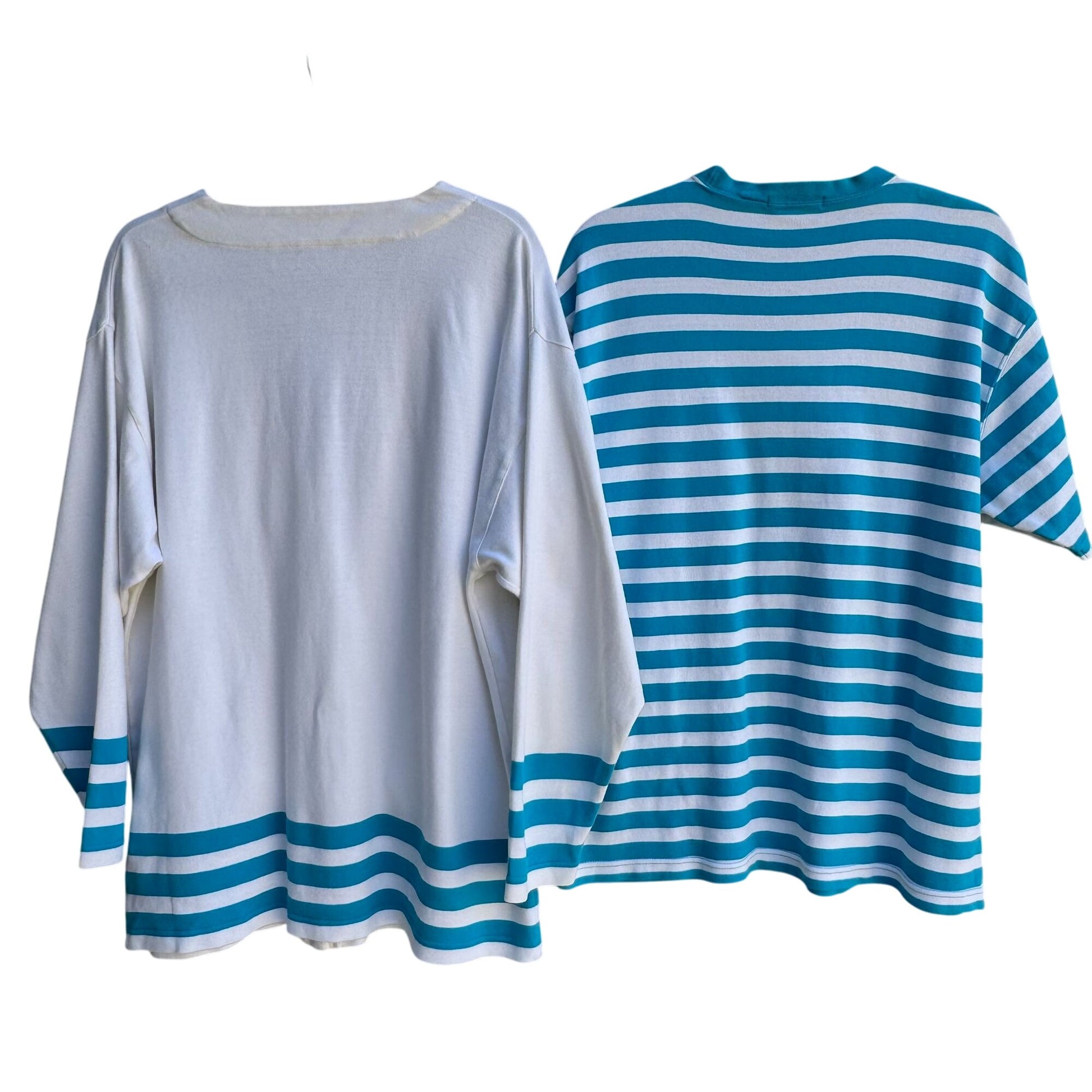 Nautica Vintage 80s Yacht Oversized White Teal Striped Preppy Cardigan Shirt L