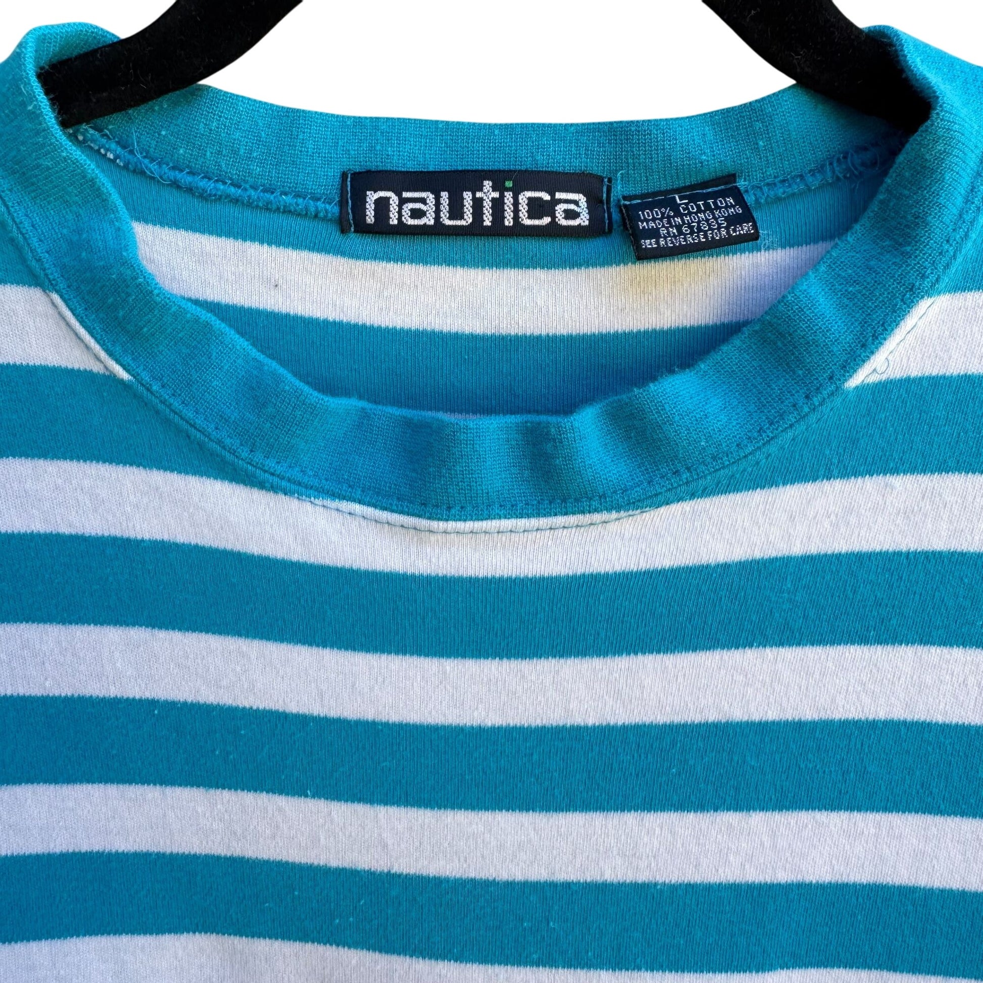 Nautica Vintage 80s Yacht Oversized White Teal Striped Preppy Cardigan Shirt L