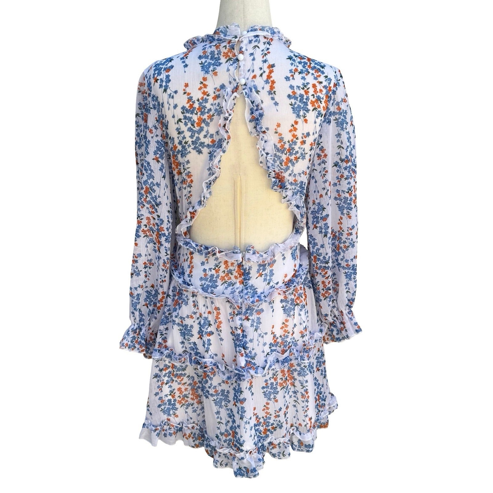 Chicwish Floral Ruffle Open Back Mini Dress S Boho Cottage Garden Party Festival