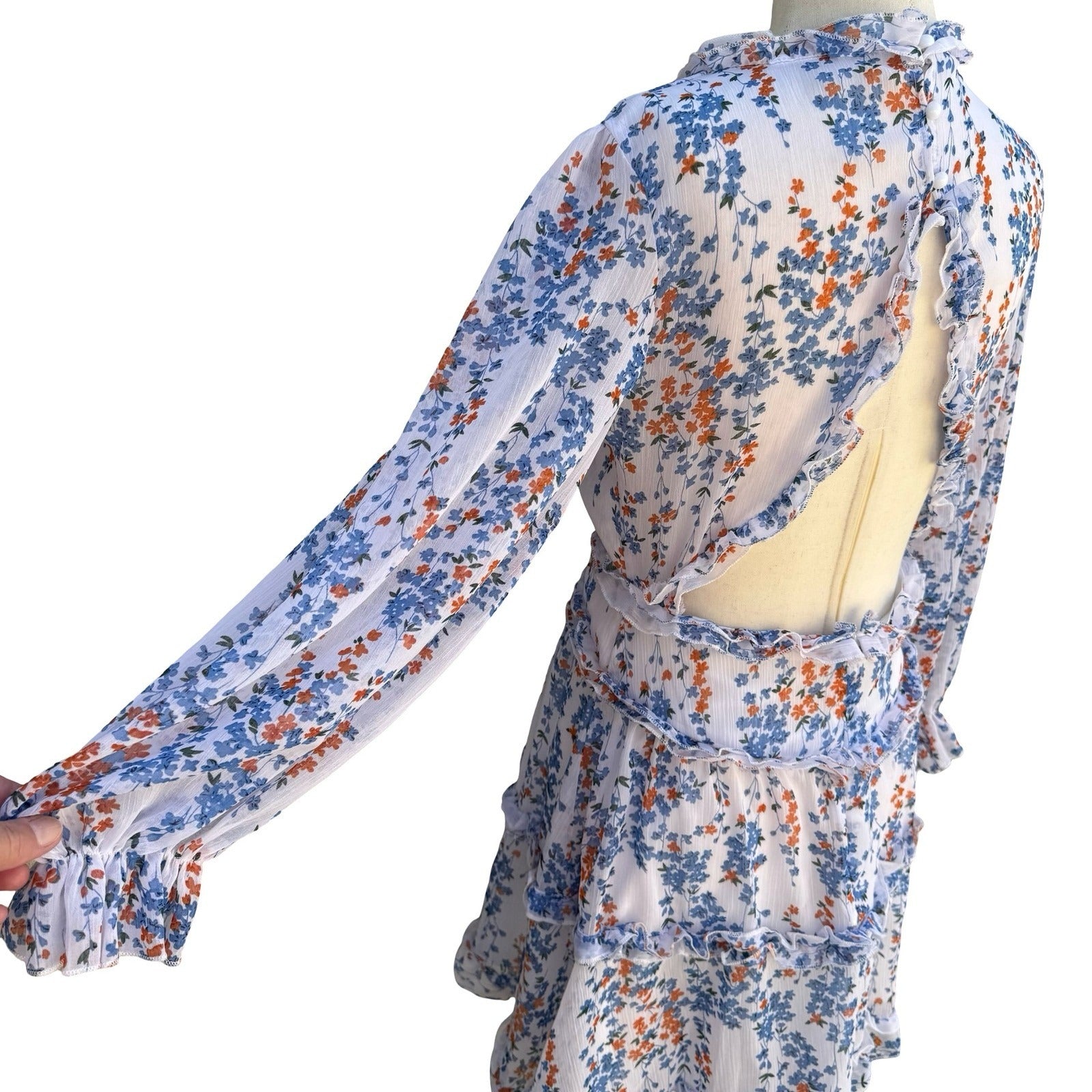 Chicwish Floral Ruffle Open Back Mini Dress S Boho Cottage Garden Party Festival