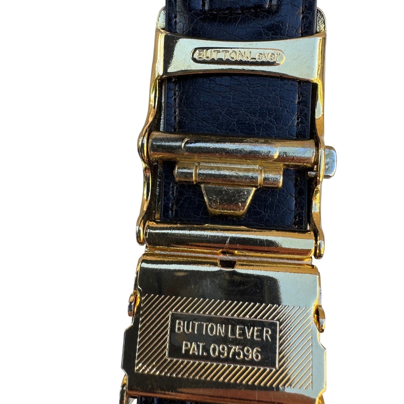 Flex Black Genuine Leather Belt Gold Button Lever Buckle Made in USA Pat 097596