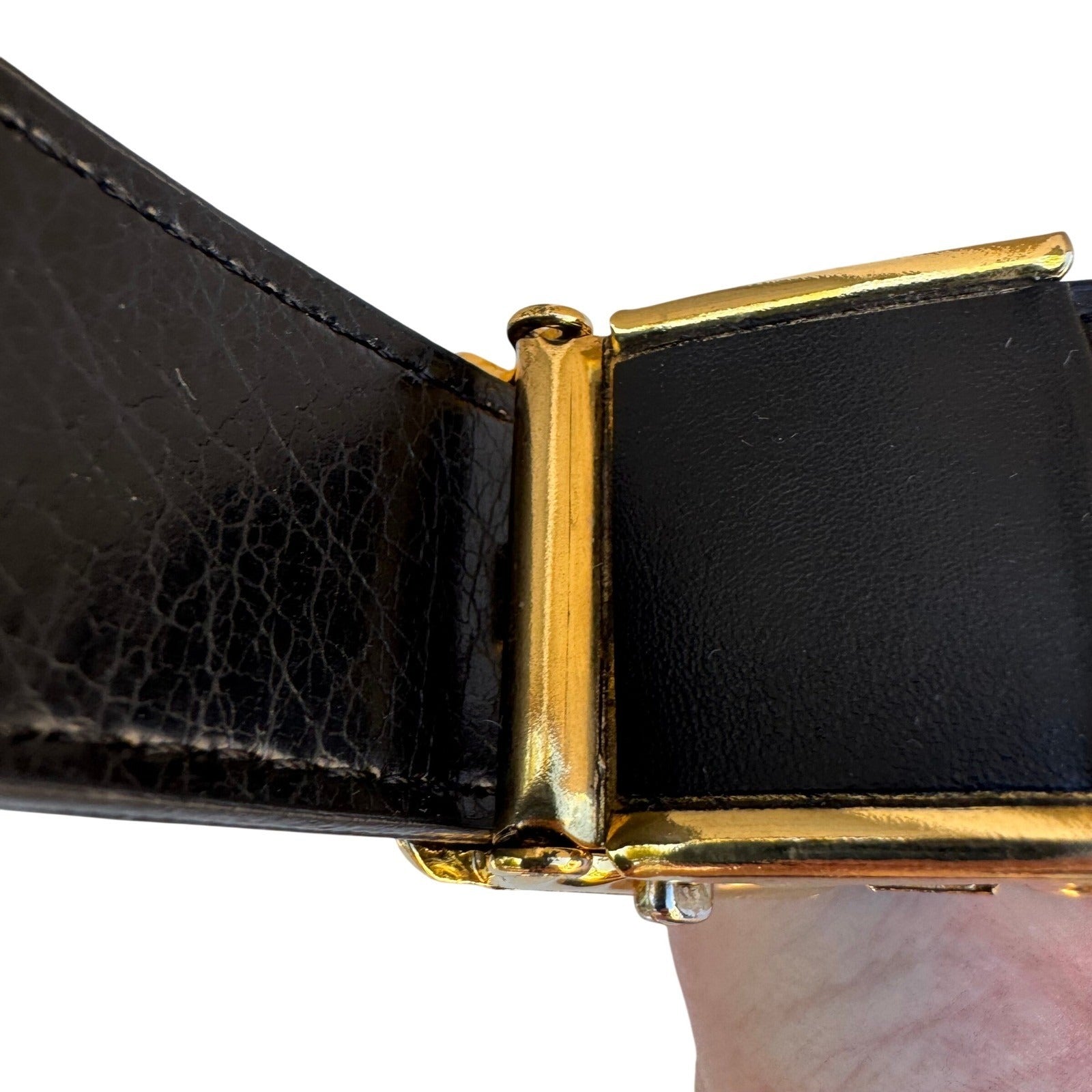 Flex Black Genuine Leather Belt Gold Button Lever Buckle Made in USA Pat 097596