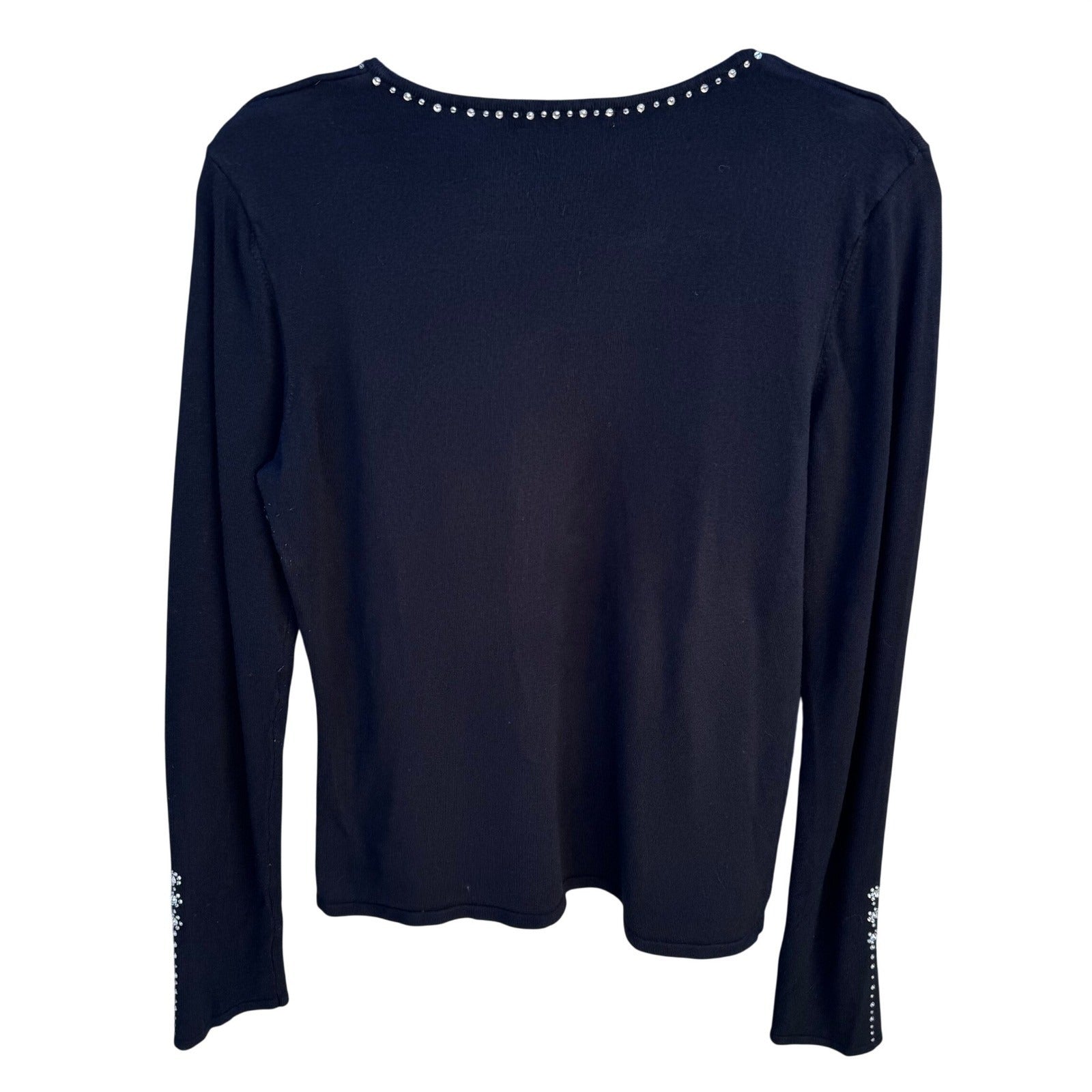 Belldini Black V-Neck Rhinestone Embellished Long Sleeve Knit Sweater Womens L