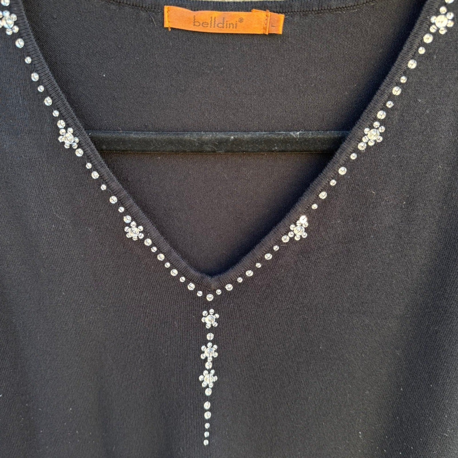 Belldini Black V-Neck Rhinestone Embellished Long Sleeve Knit Sweater Womens L