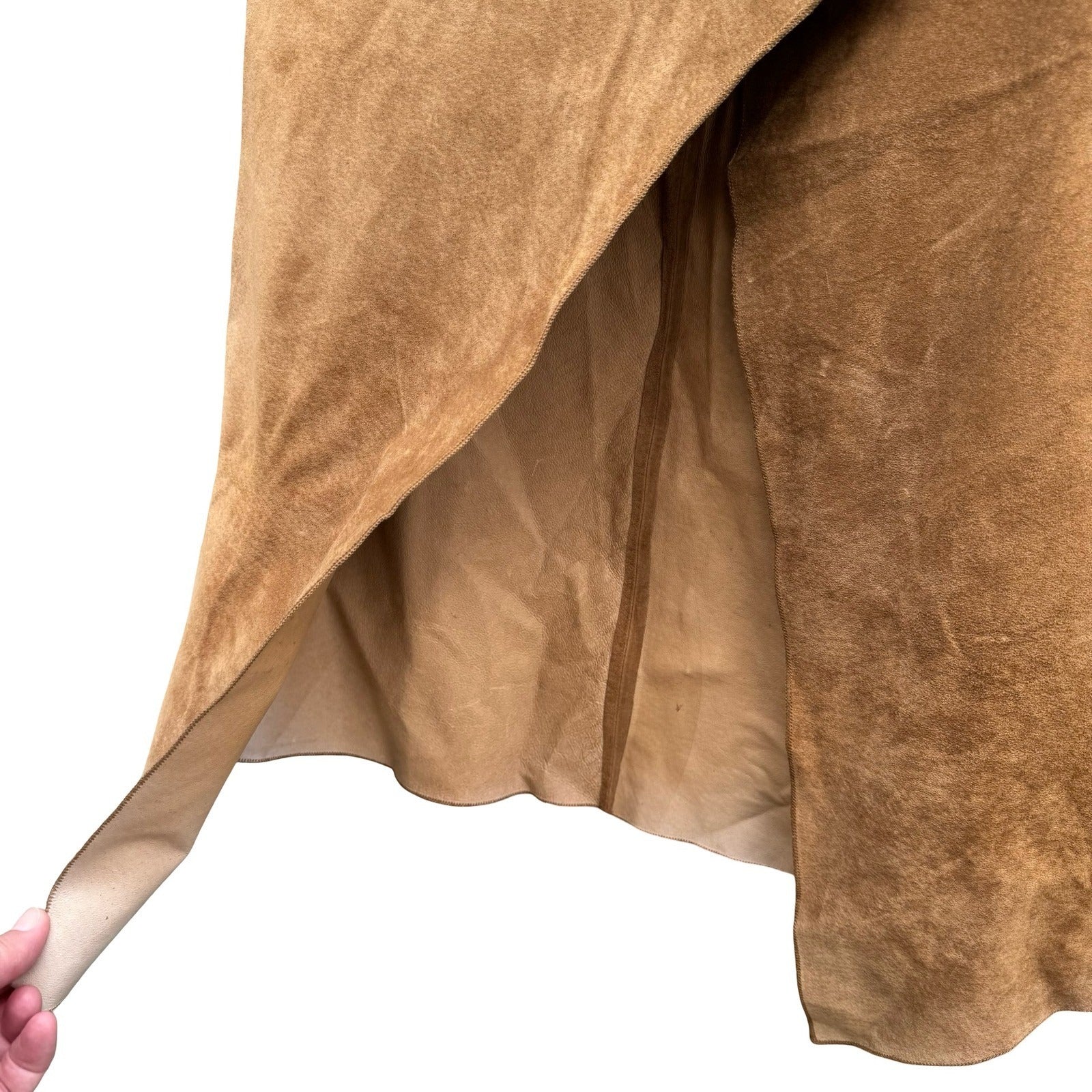 Vintage Y2K Boho Western Genuine Suede Asymmetrical Wrap Slit Midi Skirt Camel S