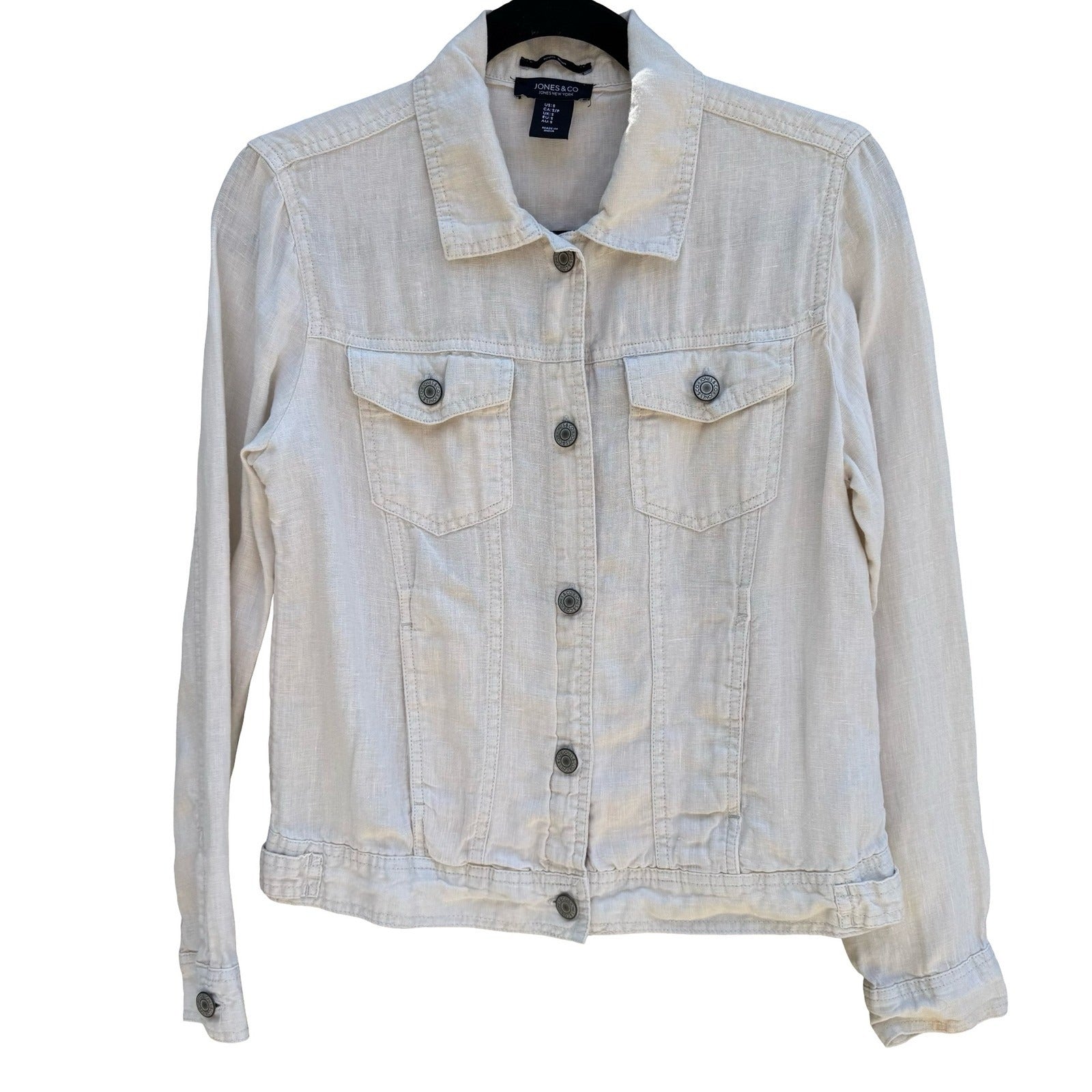 Jones New York Tan Natural Linen Trucker Jacket Womens S Coastal Minimalist