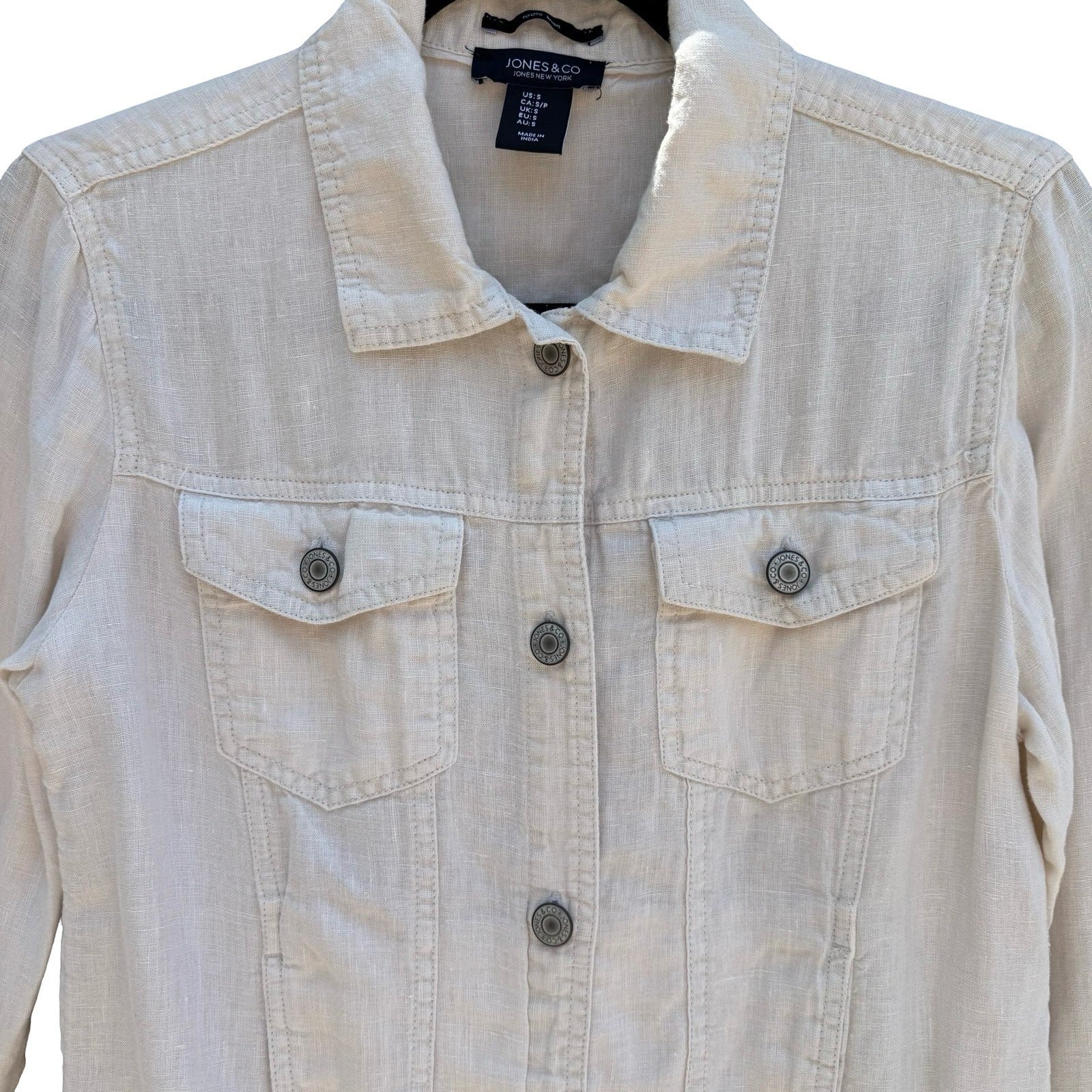 Jones New York Tan Natural Linen Trucker Jacket Womens S Coastal Minimalist