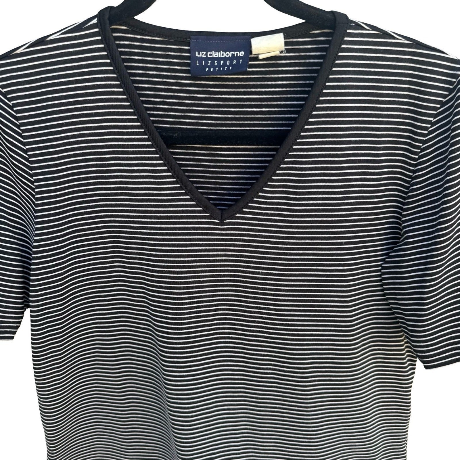 Liz Claiborne Vintage 80s 90s Cropped Black Striped V-Neck Short Sleeve Top PM