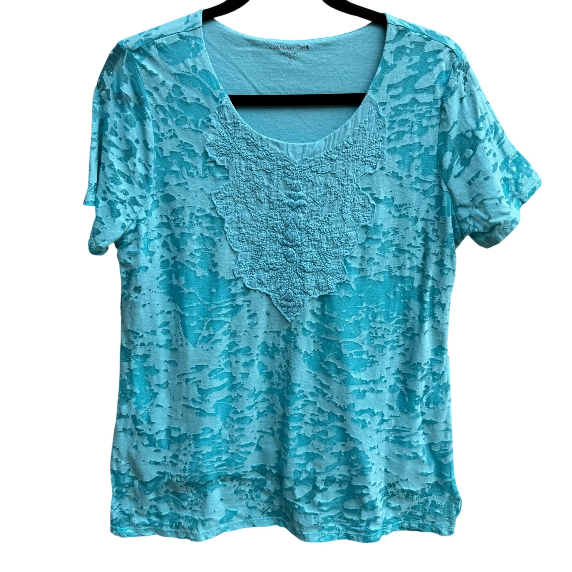 Coldwater Creek Womens Aqua Textured Burnout Sheer Overlay Short Sleeve Blouse L