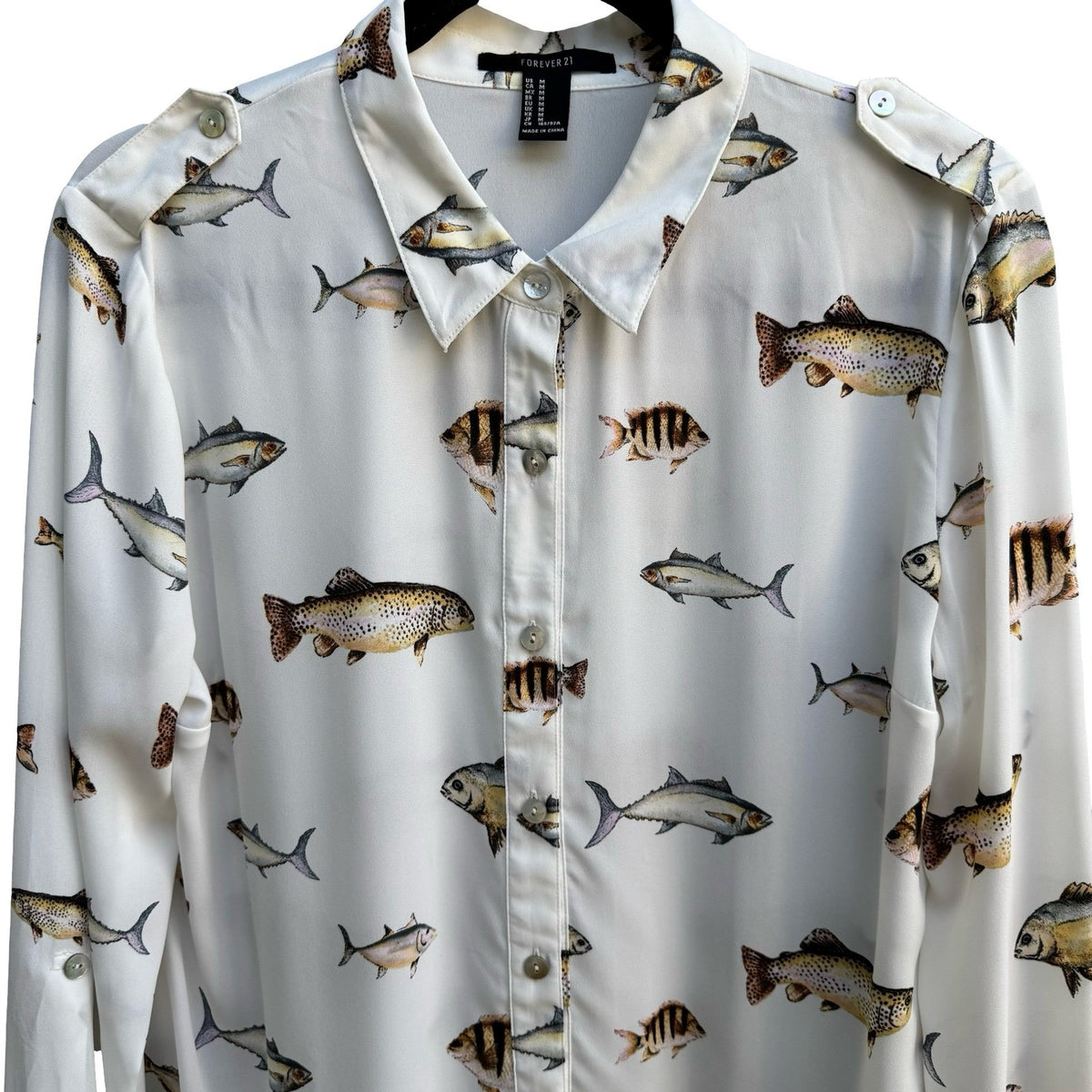 Forever 21 Novelty Fish Print Roll Tab Nautical Whimsical Quirky Blouse White M