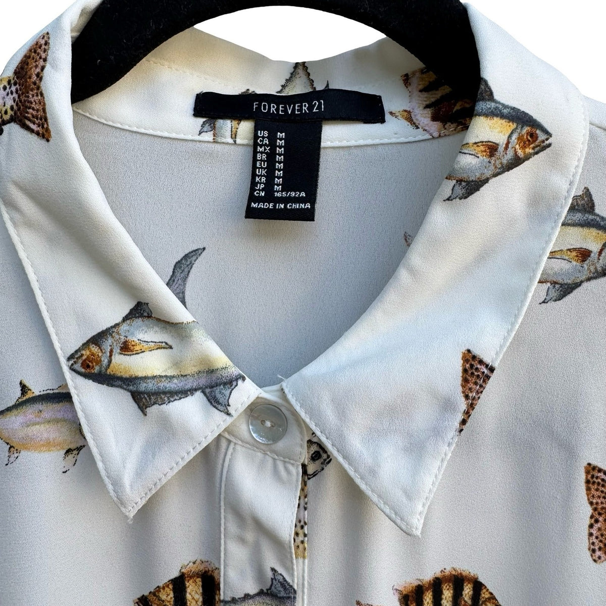 Forever 21 Novelty Fish Print Roll Tab Nautical Whimsical Quirky Blouse White M