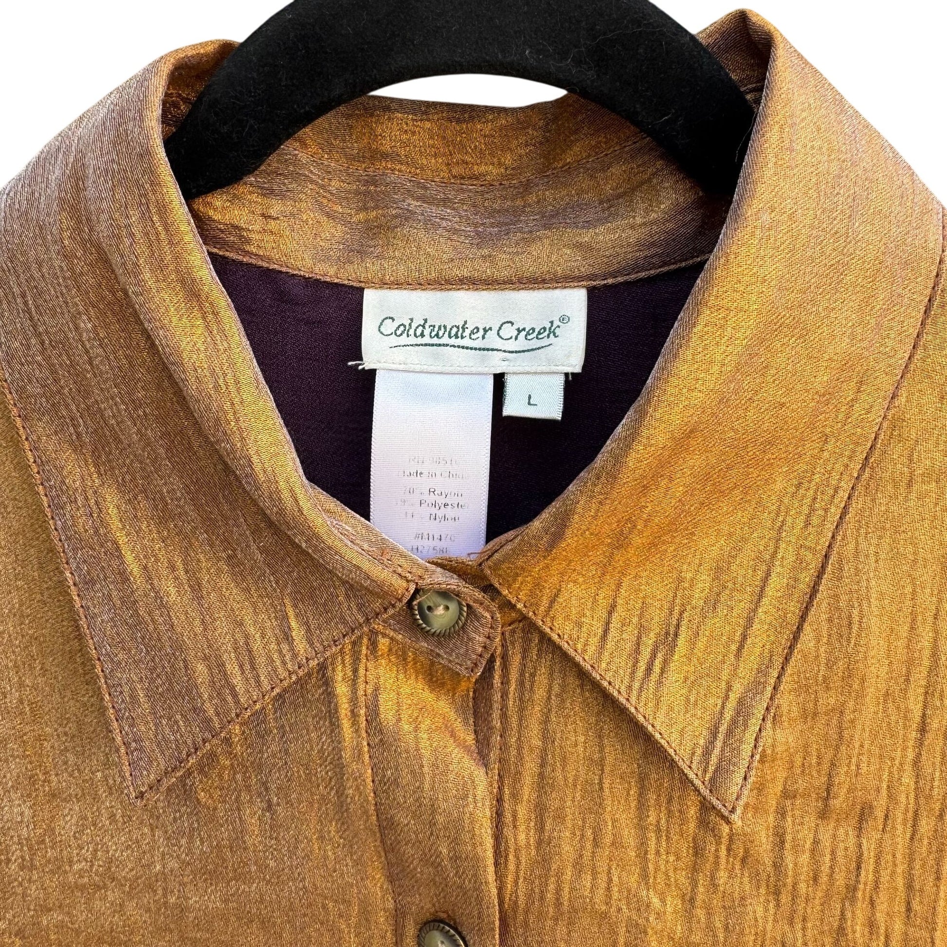 Coldwater Creek Womens Shimmering Bronze Glam Button-Up Party Blouse Shirt L