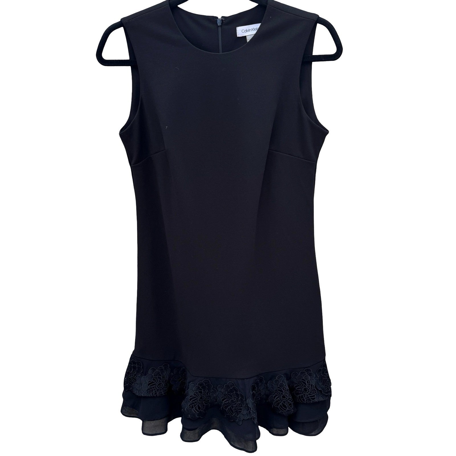 Calvin Klein Womens Black Sleeveless Lace Trim Ruffle Hem Shift Dress 4P Petite