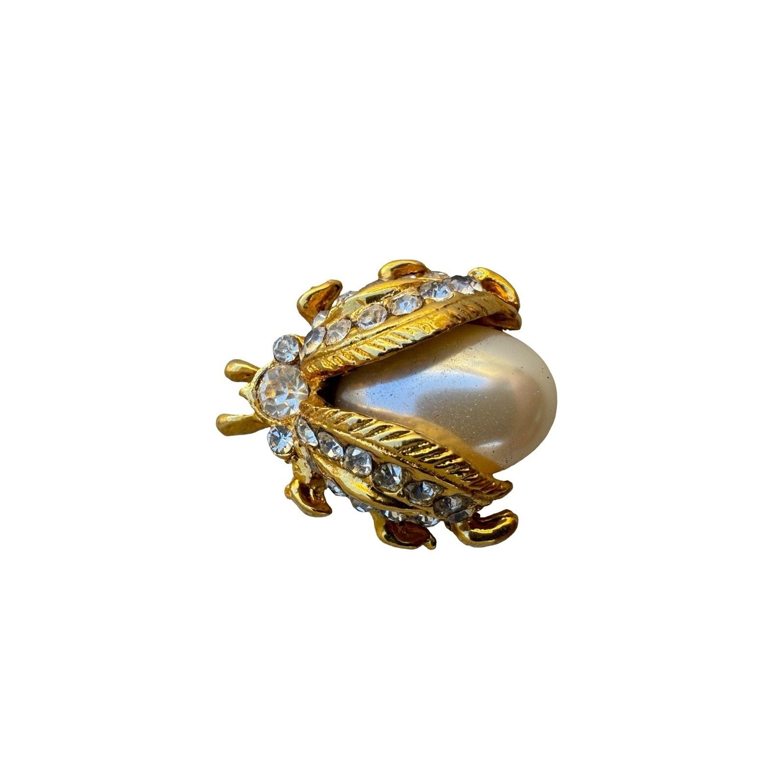 Vintage Gold Tone Faux Pearl Rhinestone Beetle Bug Scarab Brooch Pin Statement
