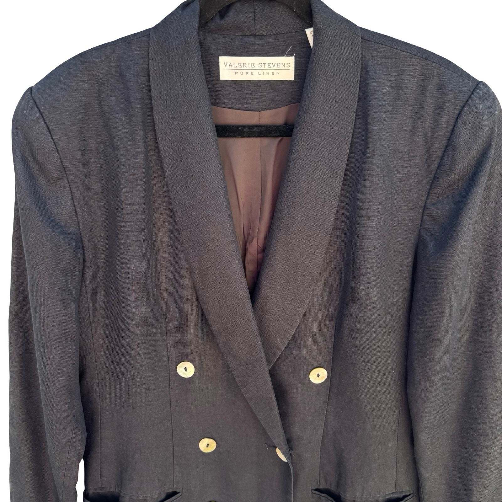 Valerie Stevens Vintage Navy 100% Pure Linen Double Breasted Blazer Jacket Sz 10