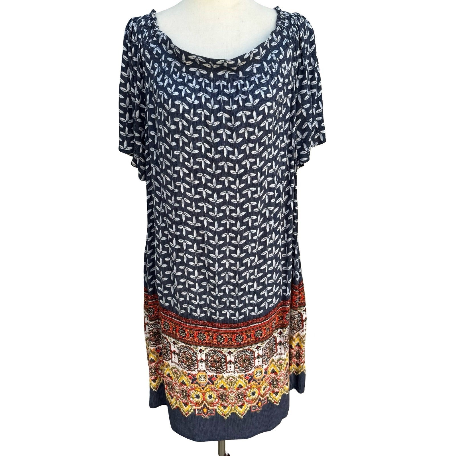 Caslon Navy Leaf Print Off Shoulder Boho Shift Tunic Dress Coastal Peasant Flowy