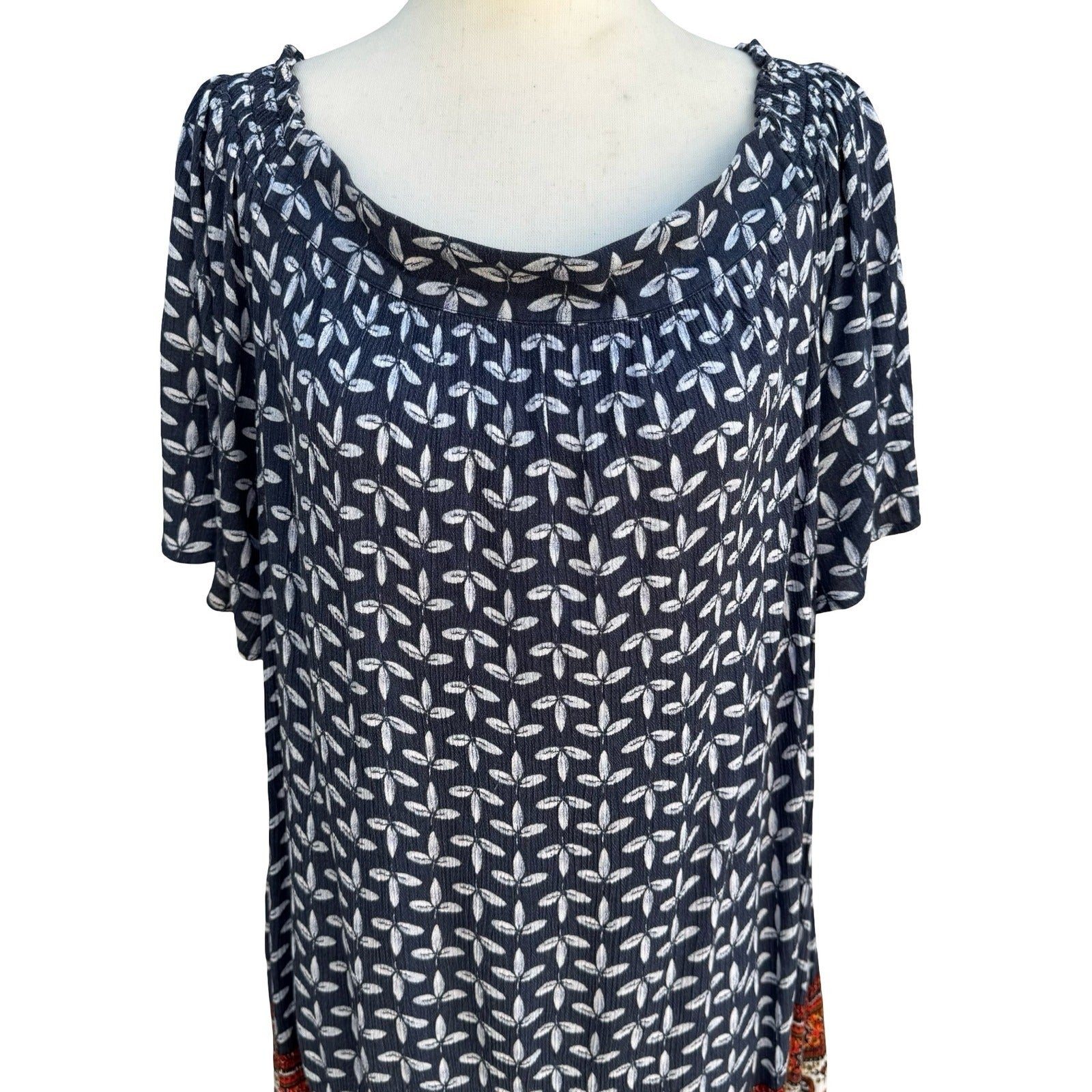 Caslon Navy Leaf Print Off Shoulder Boho Shift Tunic Dress Coastal Peasant Flowy