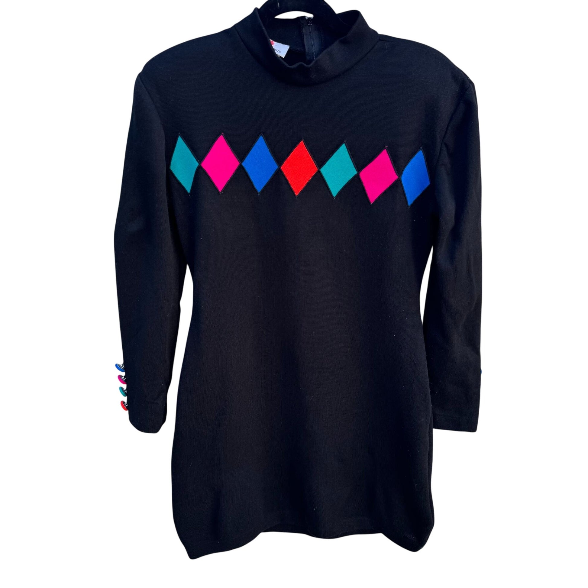 Scarlett Knits Vintage 80s Black Diamond Pattern Mock Neck Back Zip Tunic Dress