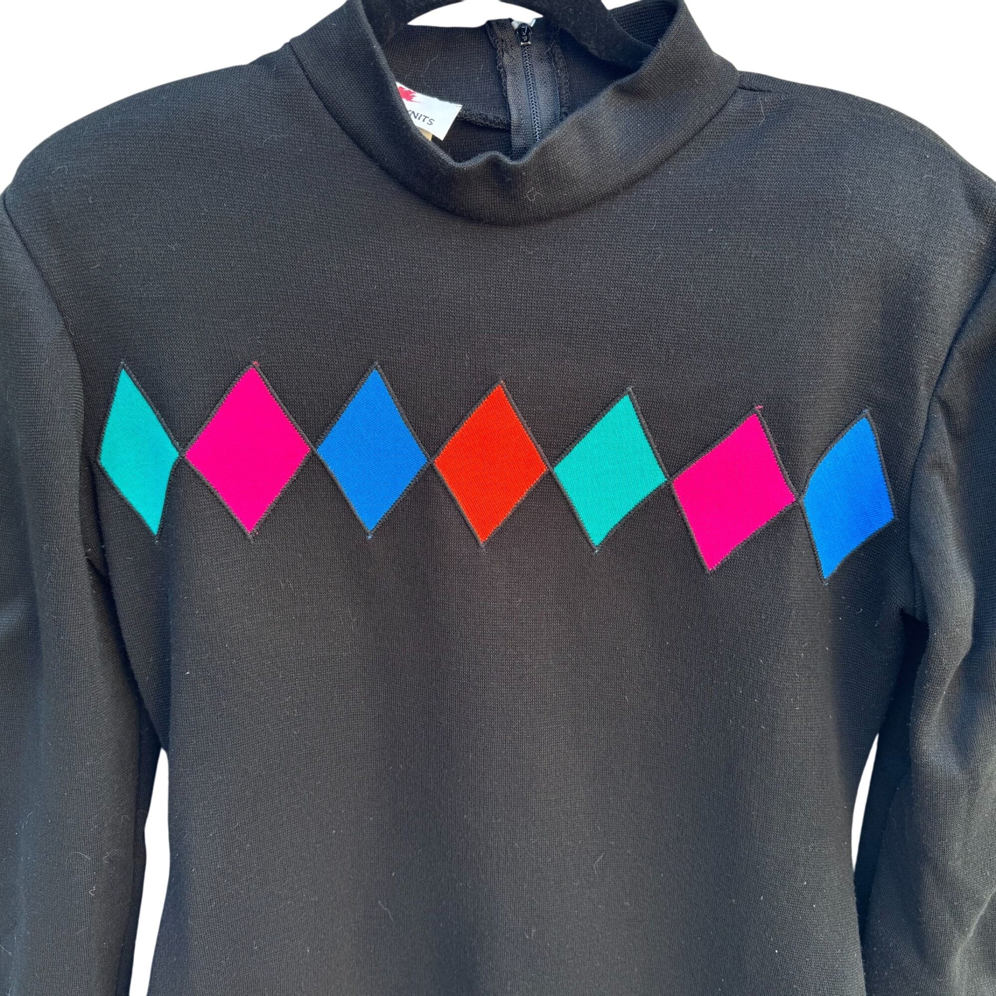 Scarlett Knits Vintage 80s Black Diamond Pattern Mock Neck Back Zip Tunic Dress