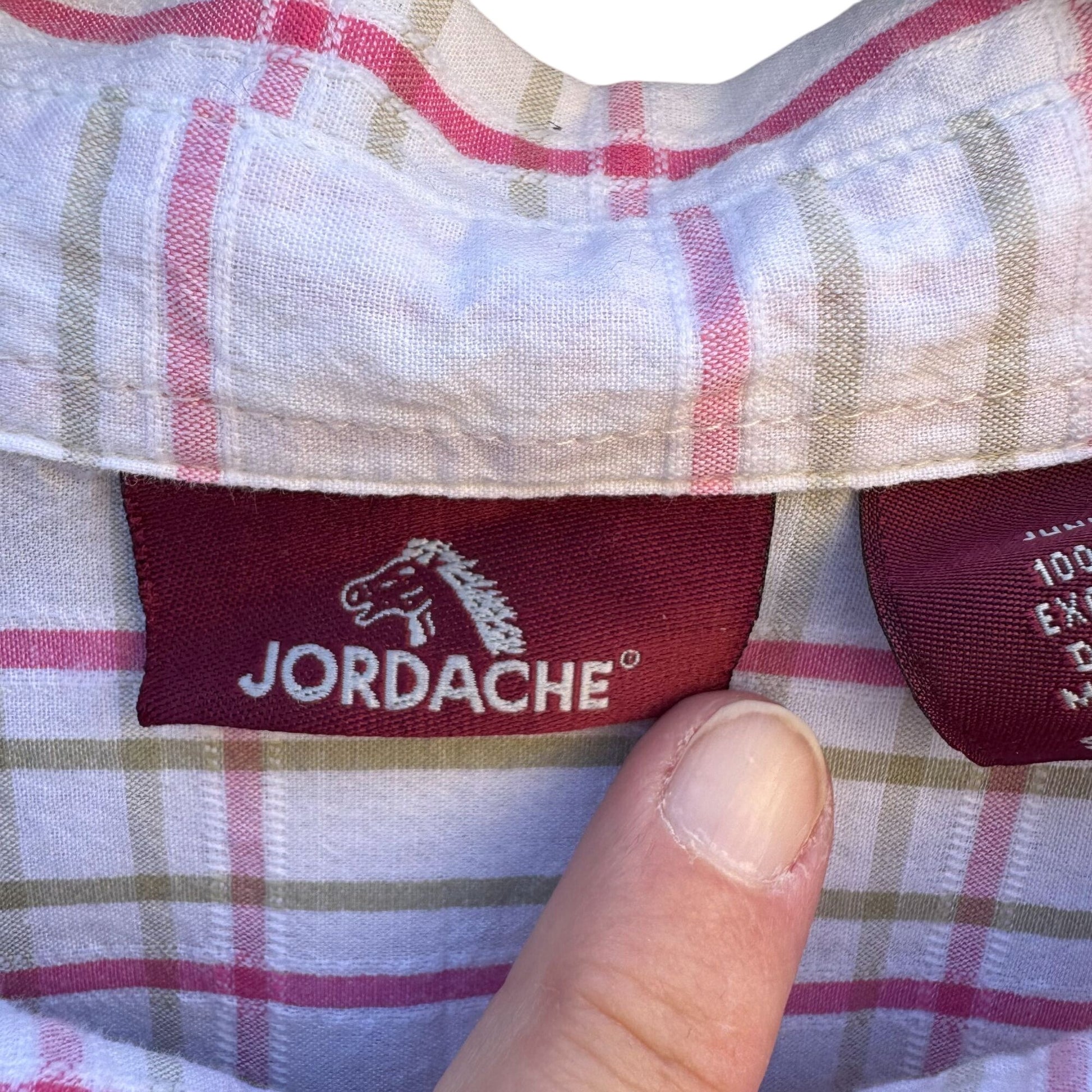 Jordache Vintage 80s Womens Pink Plaid Short Cap Sleeve Button-Up Shirt Blouse
