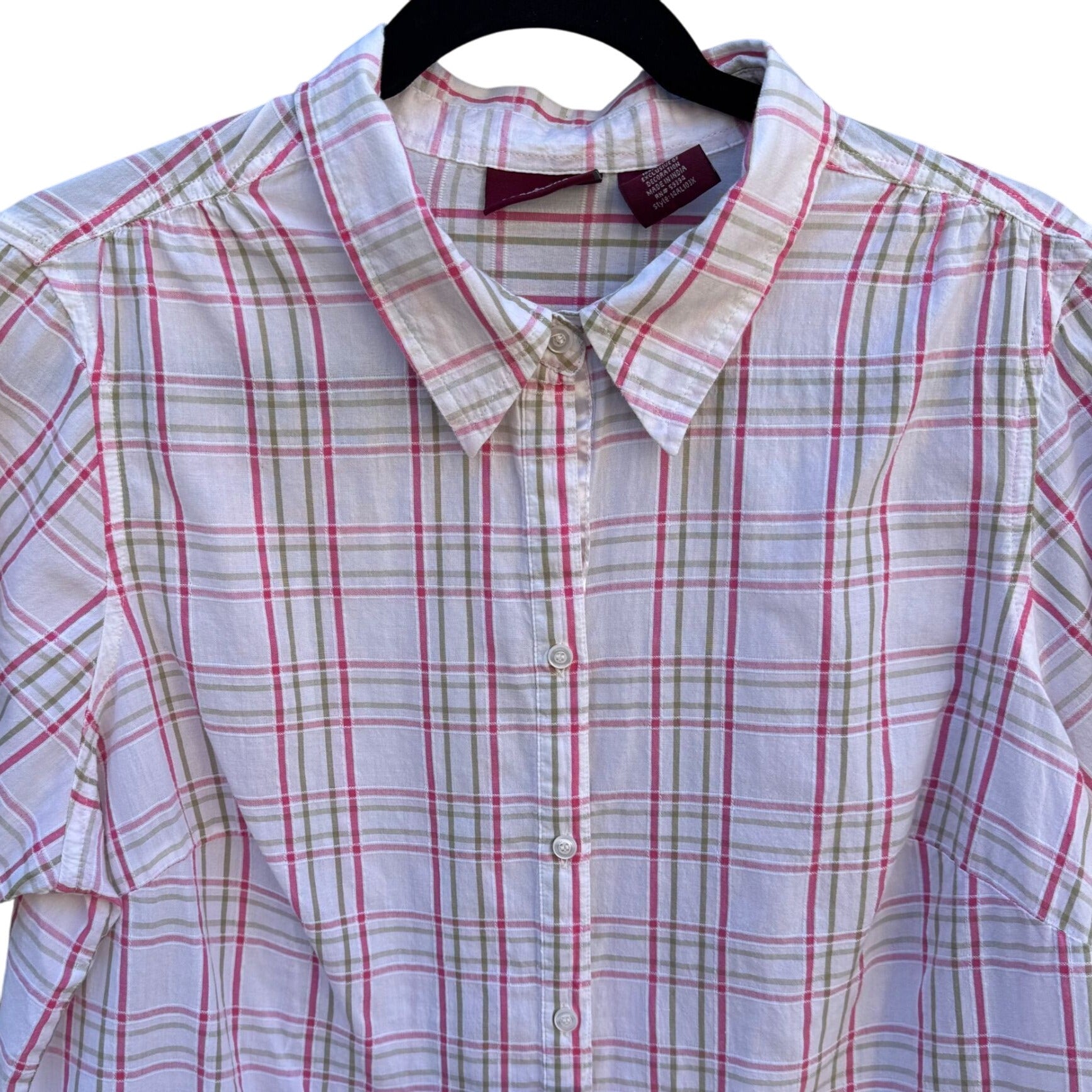 Jordache Vintage 80s Womens Pink Plaid Short Cap Sleeve Button-Up Shirt Blouse