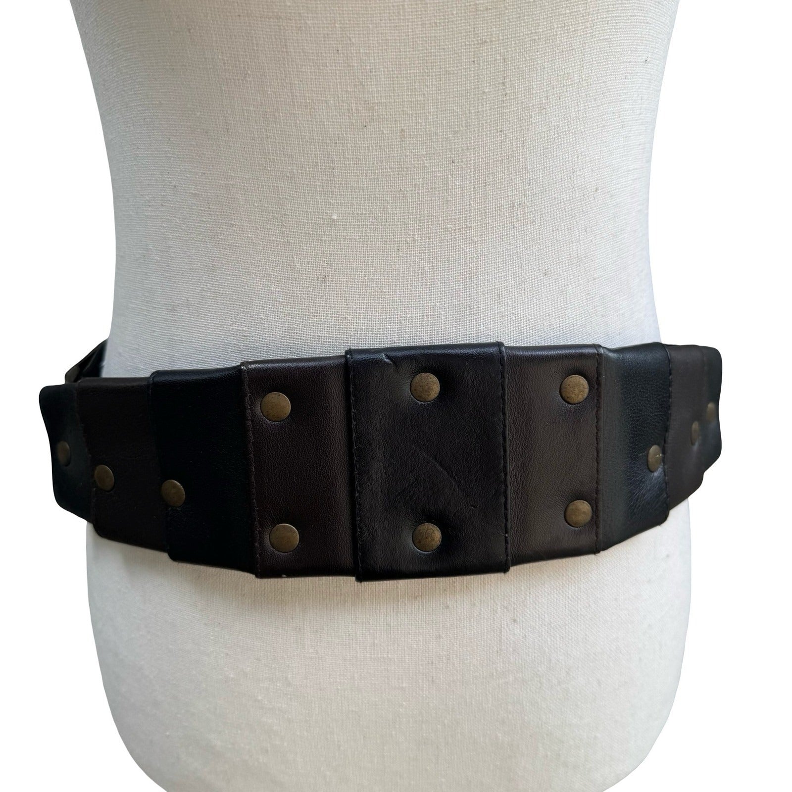 Vintage Black Leather Wide Waist Cinch Belt Studded Antique Brass Buckle Paneled