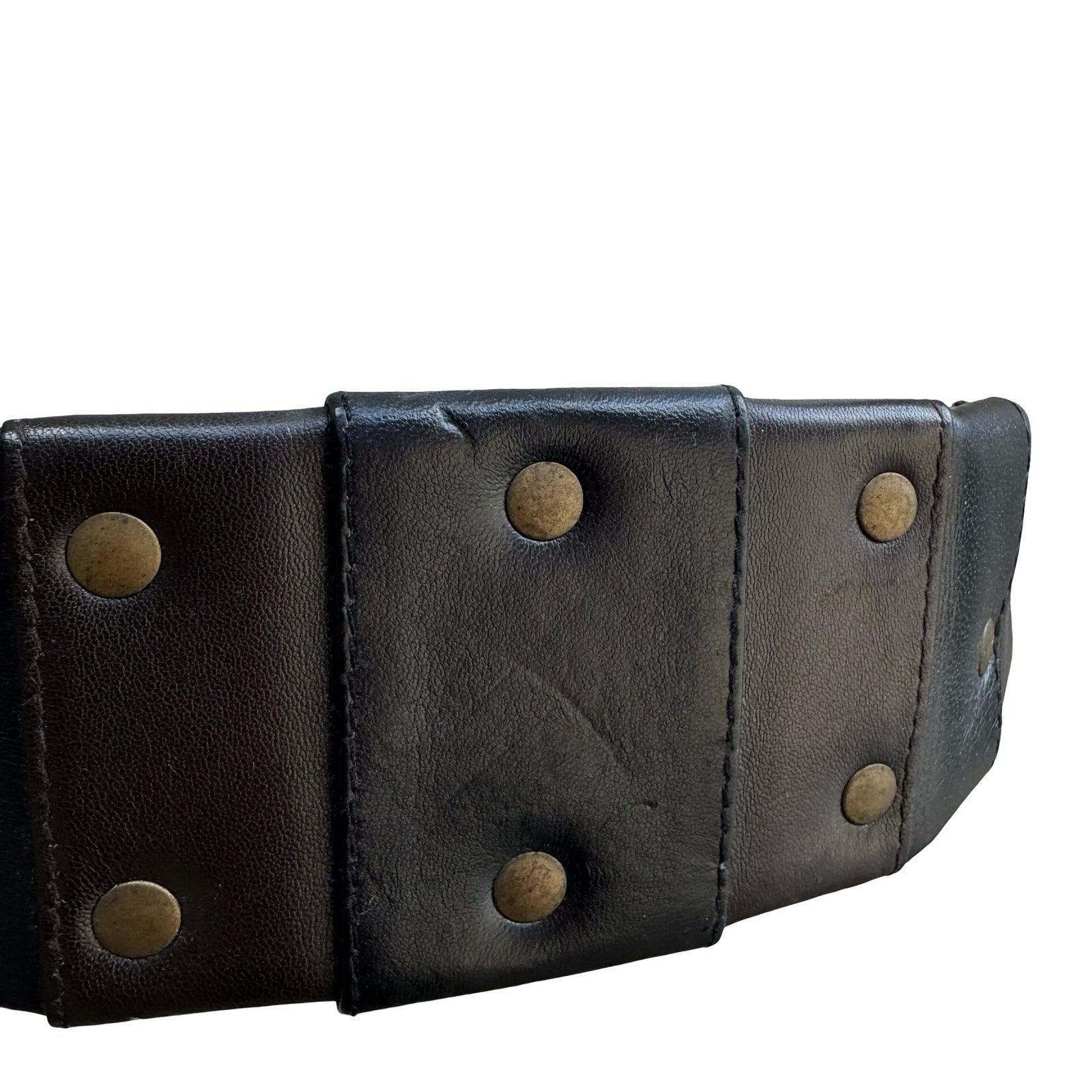 Vintage Black Leather Wide Waist Cinch Belt Studded Antique Brass Buckle Paneled