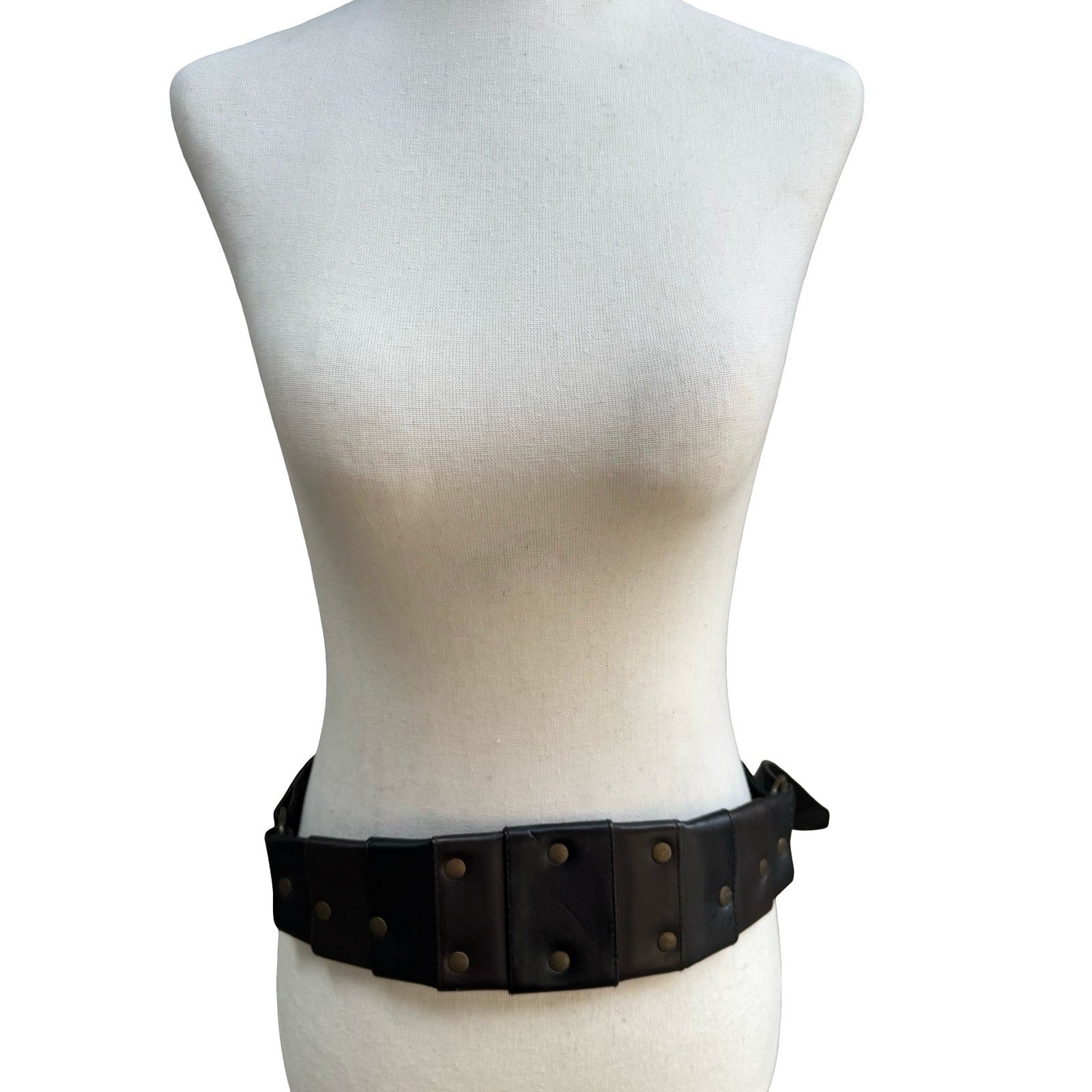 Vintage Black Leather Wide Waist Cinch Belt Studded Antique Brass Buckle Paneled
