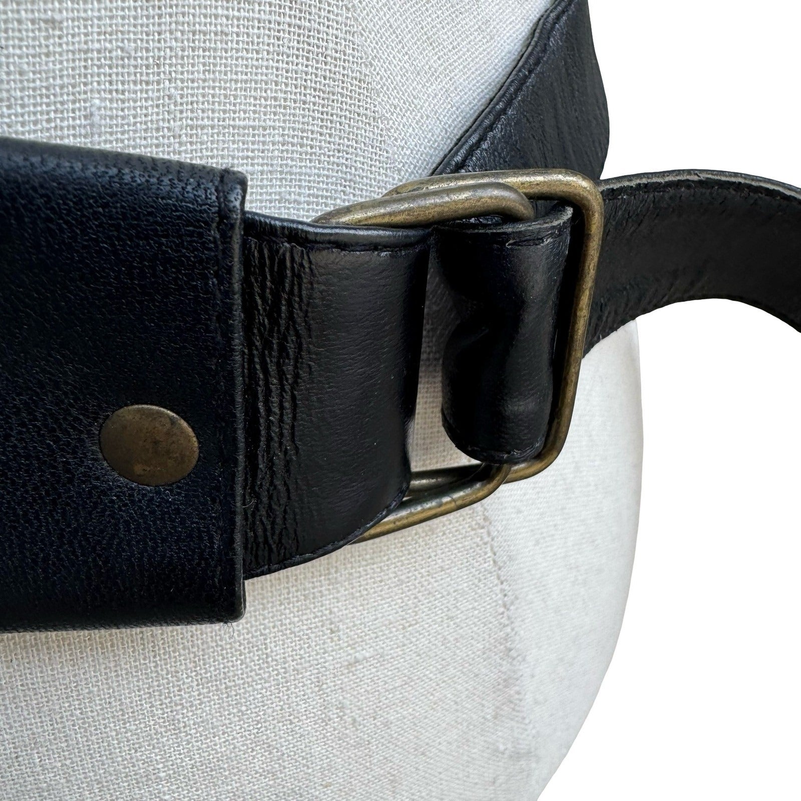 Vintage Black Leather Wide Waist Cinch Belt Studded Antique Brass Buckle Paneled