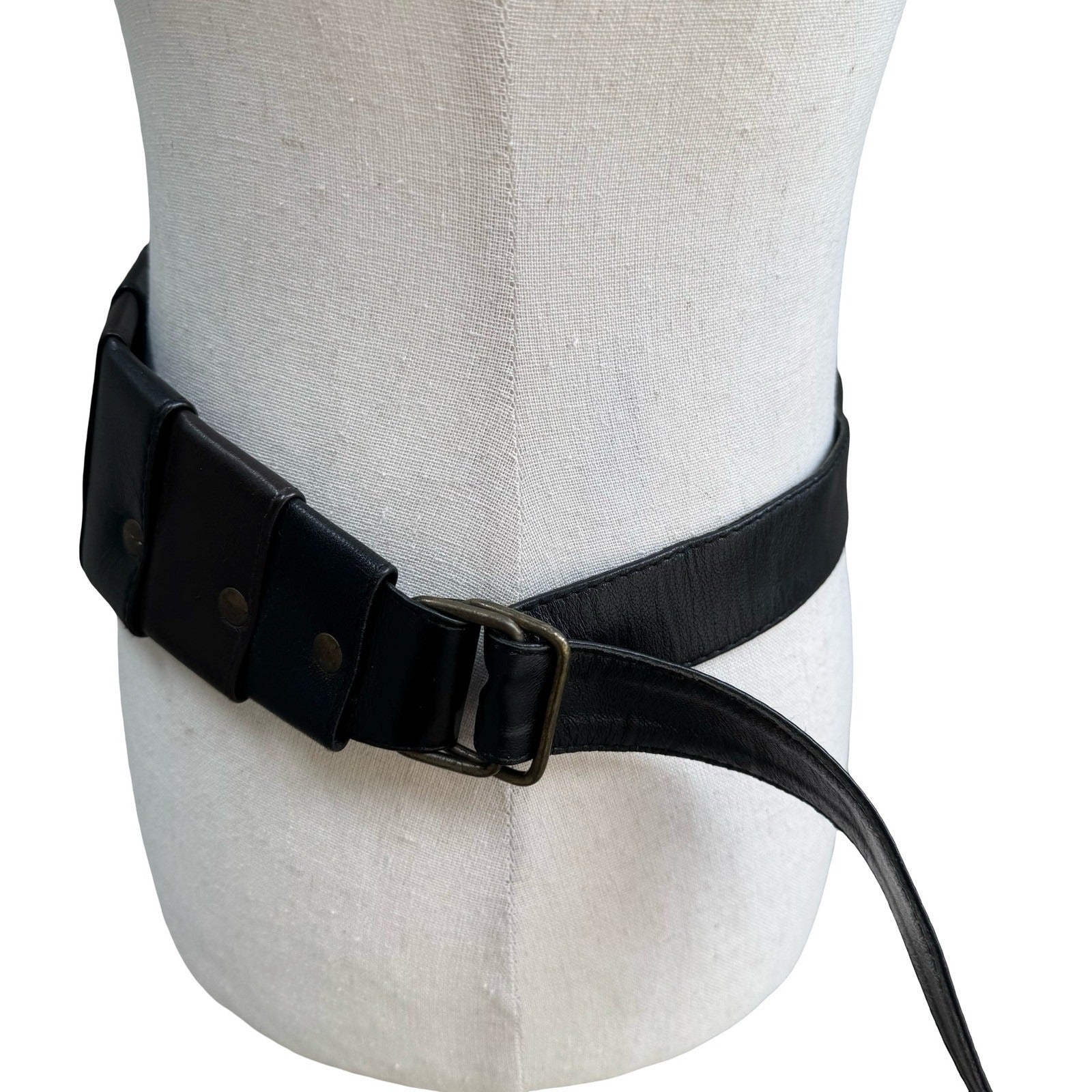 Vintage Black Leather Wide Waist Cinch Belt Studded Antique Brass Buckle Paneled