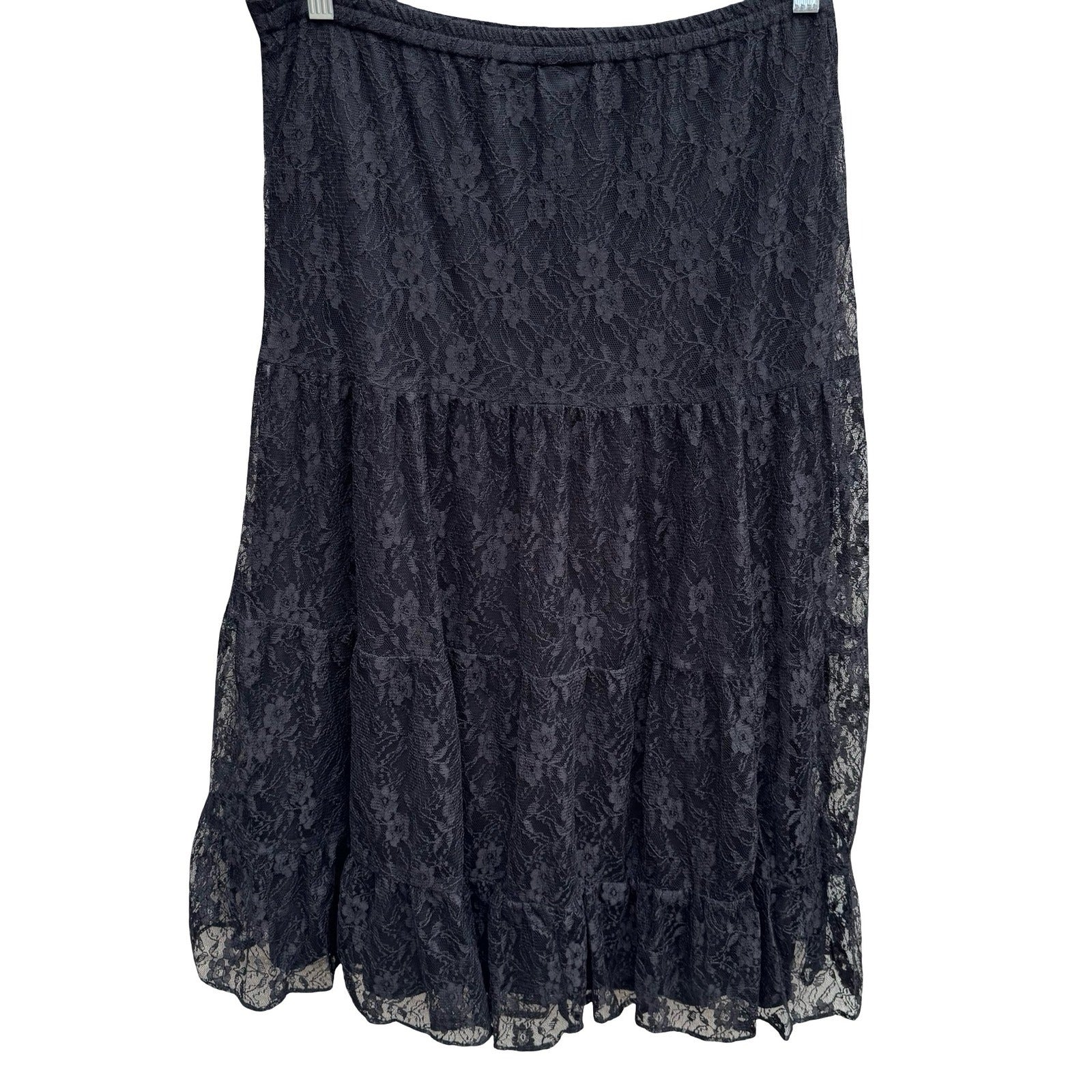 Steampunk Black Floral Lace Tiered Midi Skirt Womens M Witchy Gothic Whimsigoth