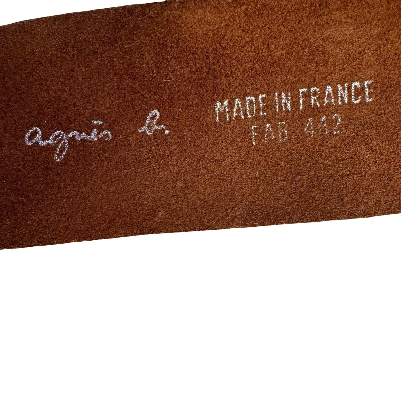 Agnes b Brown Suede Leather Wide Belt Made in France Brass Circle Buckle Size 80