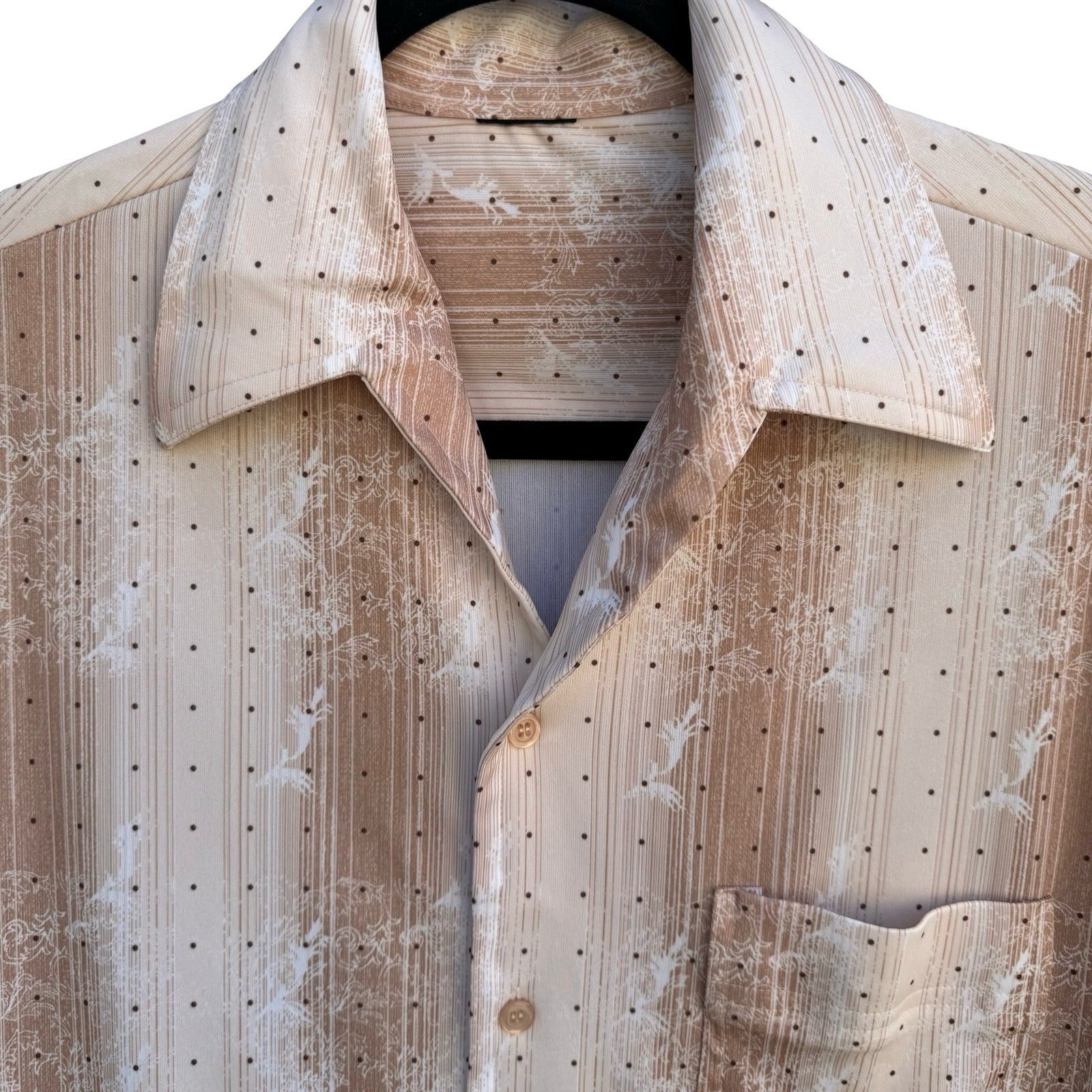 Vintage 70s Dagger Collar Groovy Button Up Shirt Tan Striped Polka Dot Disco L