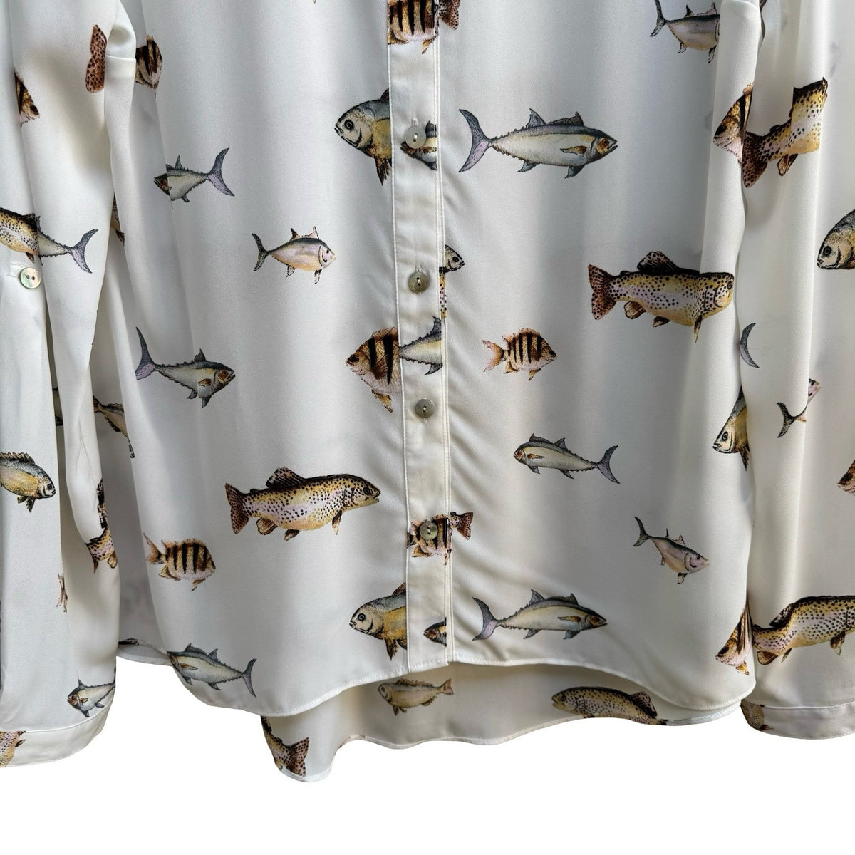 Forever 21 Novelty Fish Print Roll Tab Nautical Whimsical Quirky Blouse White M