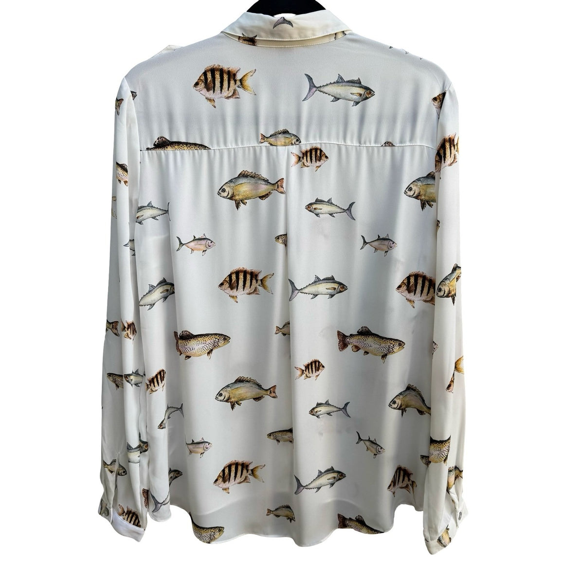Forever 21 Novelty Fish Print Roll Tab Nautical Whimsical Quirky Blouse White M