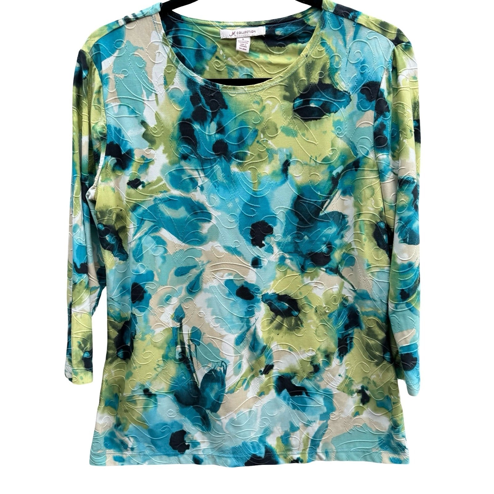 JM Collection Art To Wear Watercolor Floral 3/4 Sleeve Textured Boho Top Teal S